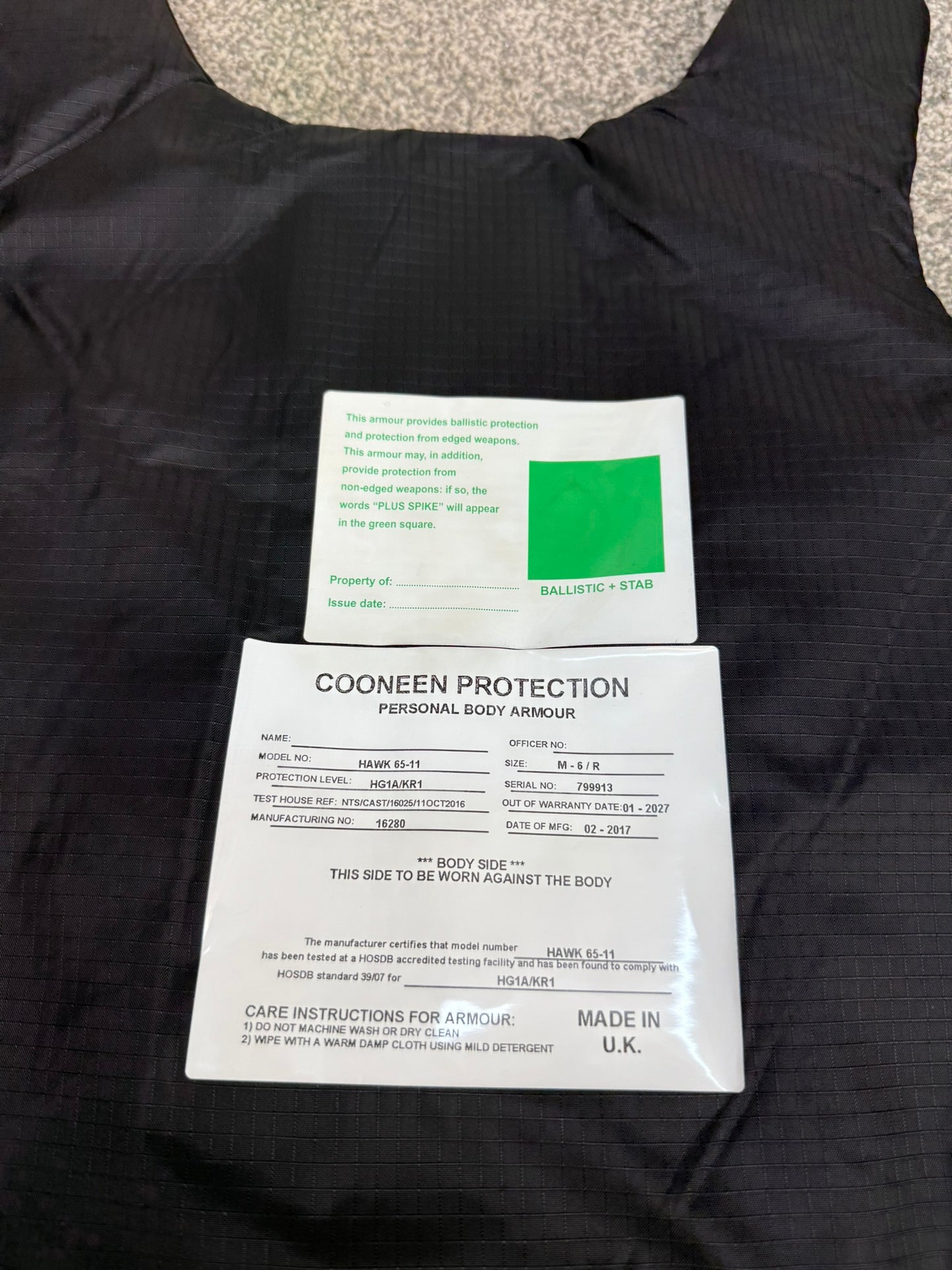 Ex Police Cooneen Body Armour Vest & Bag XLRG - VGC Anti Stab & Ballistic HG1A & KR1