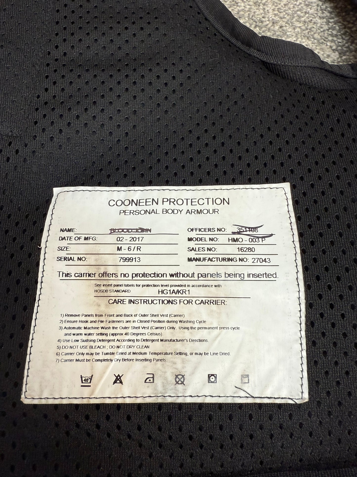 Ex Police Cooneen Body Armour Vest & Bag XLRG - VGC Anti Stab & Ballistic HG1A & KR1