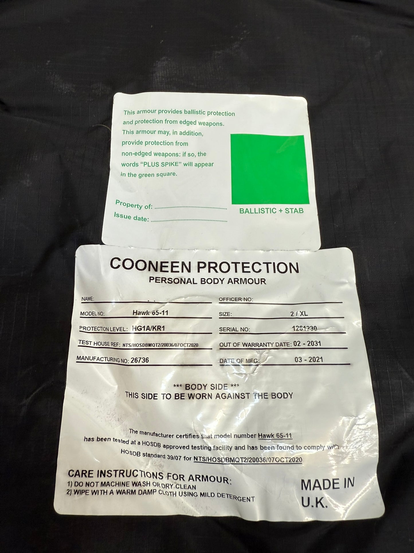 Ex Police Cooneen Body Armour Vest X LRG - Anti Stab & Ballistic HG1A & KR1