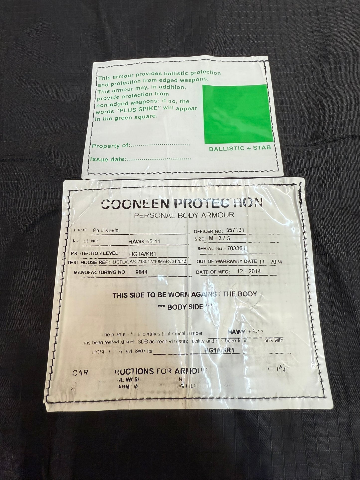 Ex Police Cooneen Body Armour Security Vest MED - Anti Stab & Ballistic HG1A & KR1