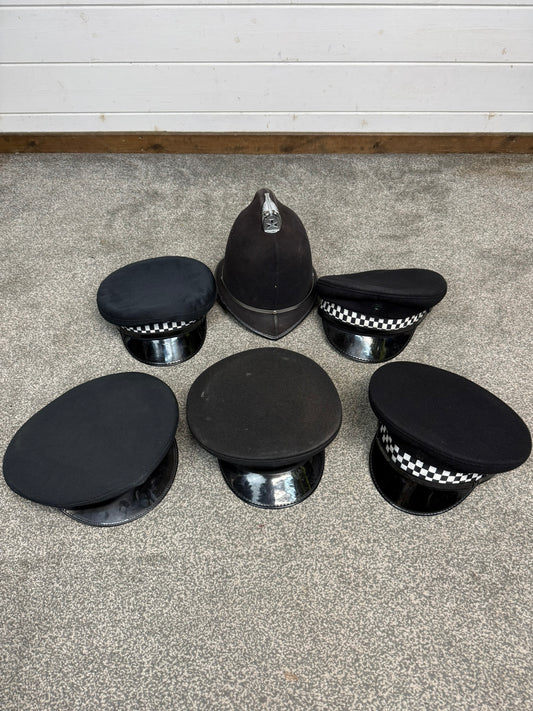 Ex Police Peak Cap Hat Bobby Helmet Job Lot x7 Theatre Headwear Uniform Film Prop Lot
