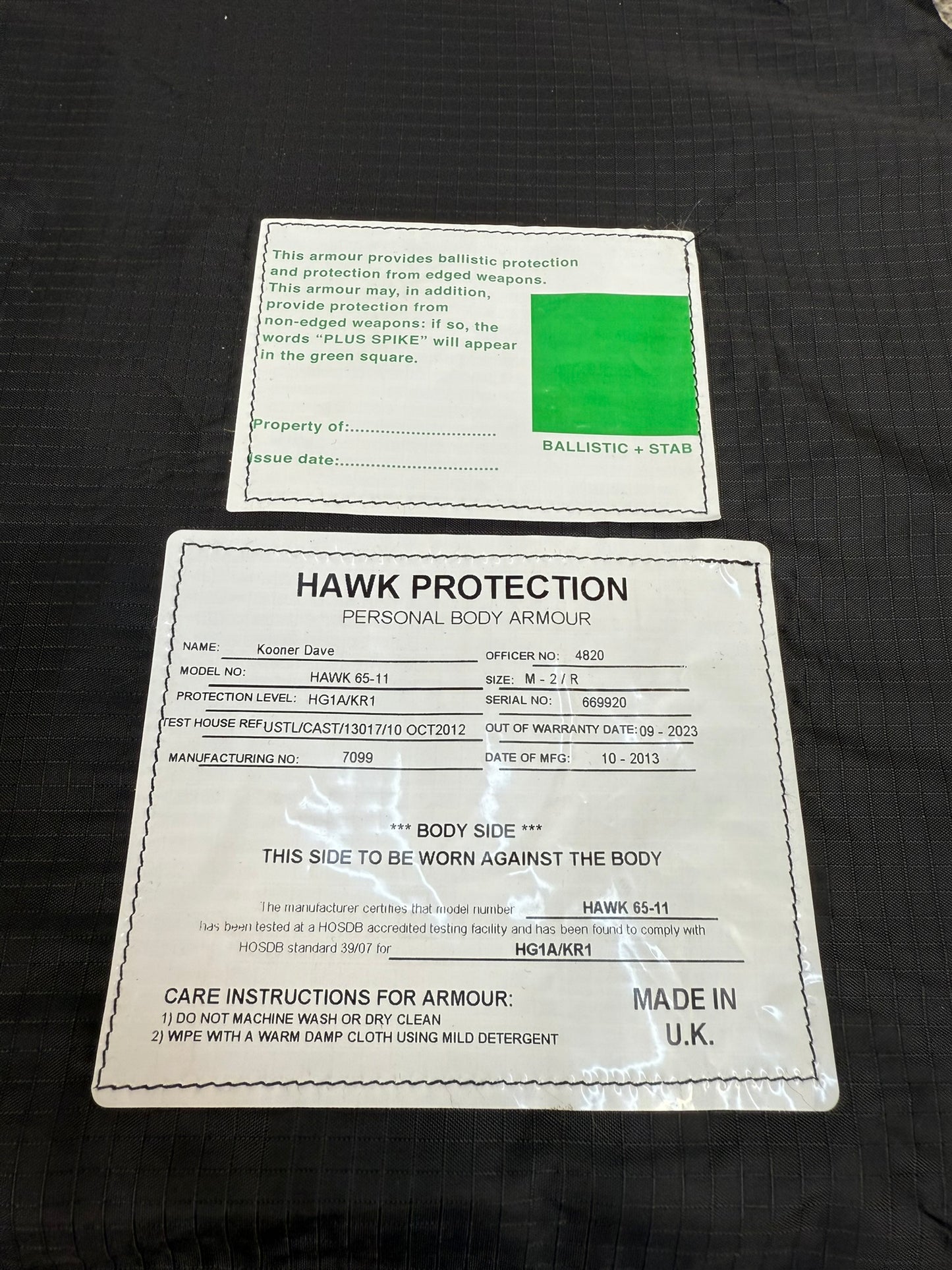 Ex Police Body Armour Panels Inserts Hawk Bulletproof Ballistic Security Stab