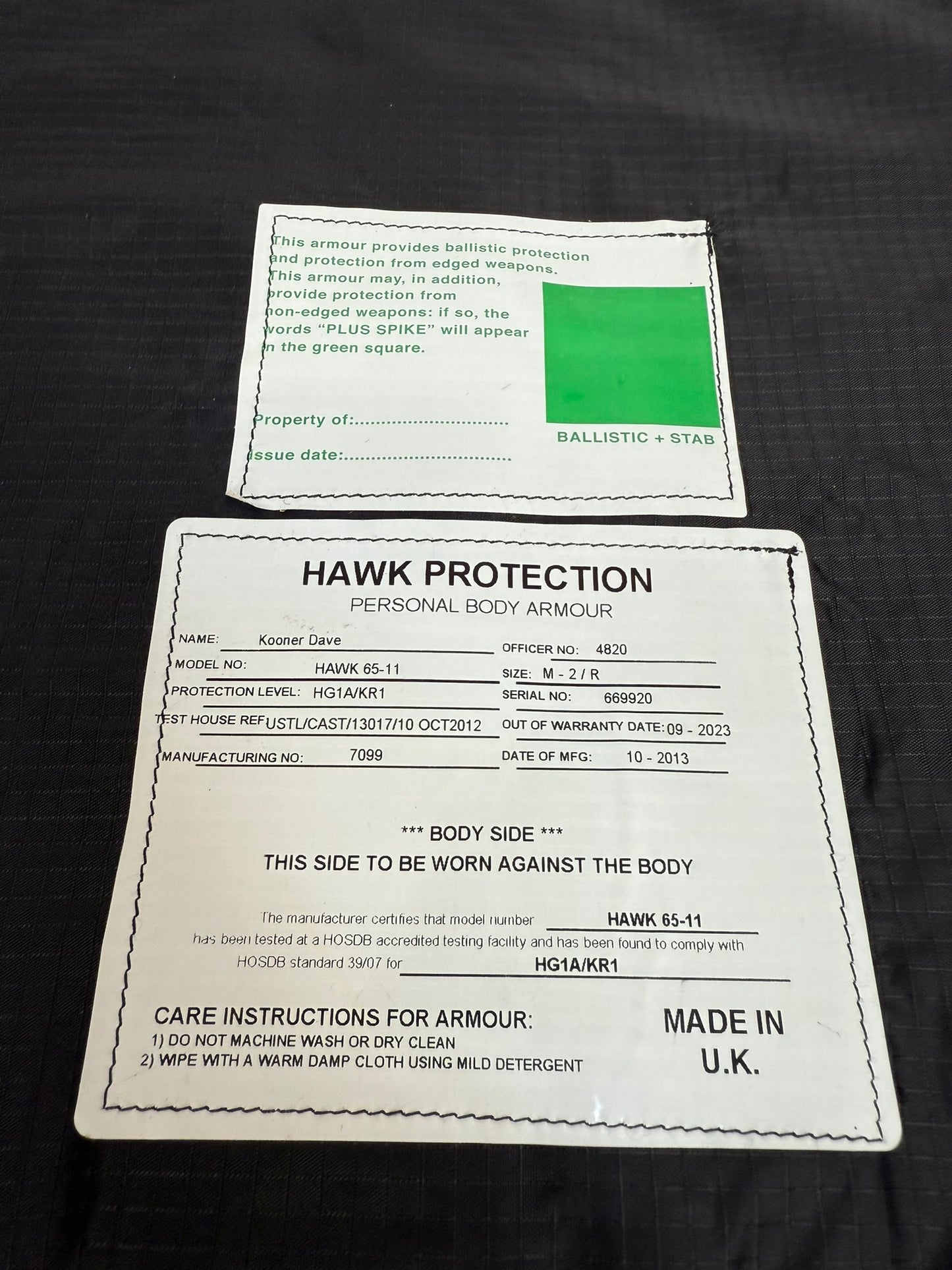 Ex Police Body Armour Panels Inserts Hawk Bulletproof Ballistic Security Stab