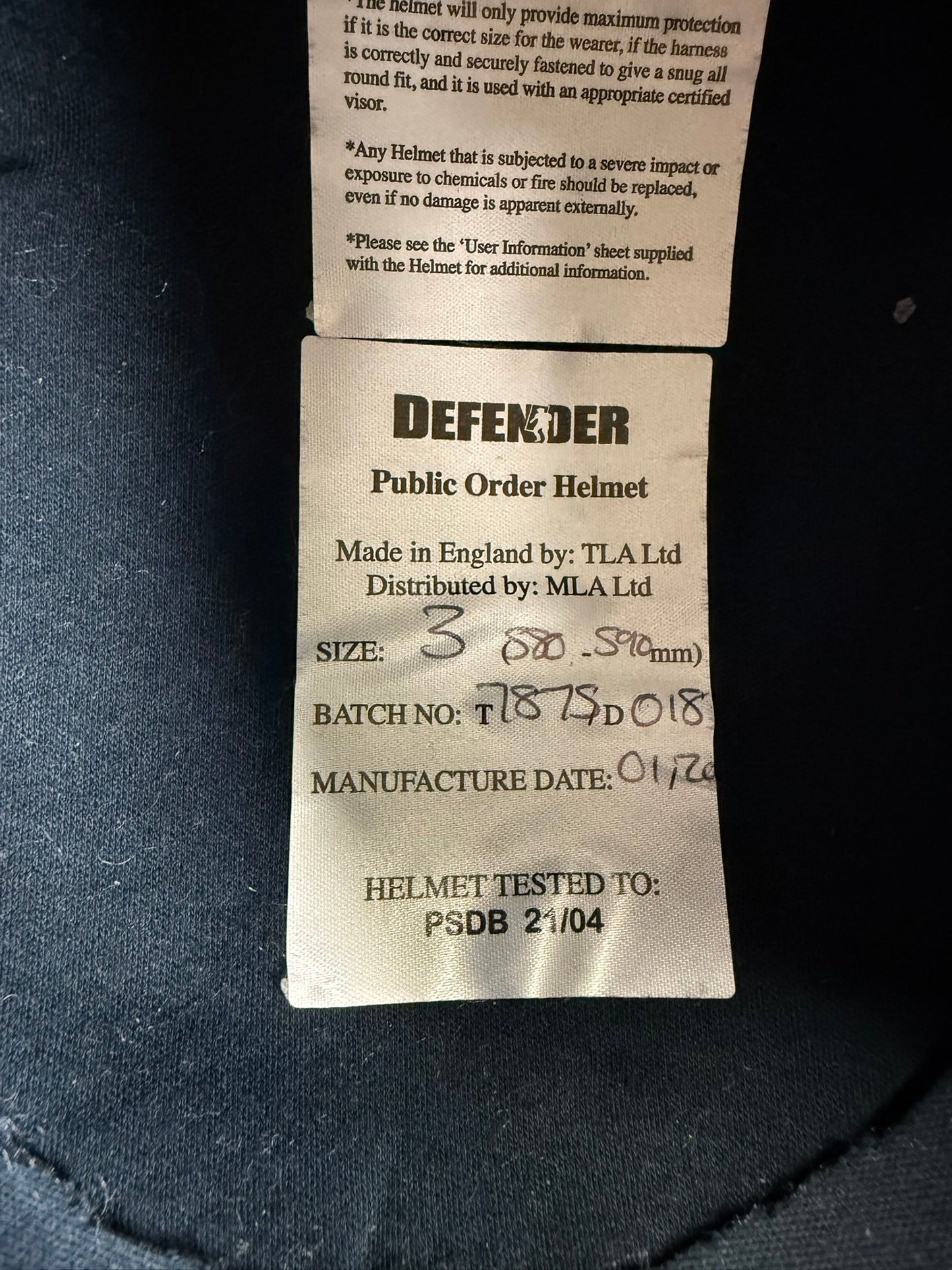 MLA Defender Riot Helmet 58-59cm VGC With Fleece Bag Police Collectable Display