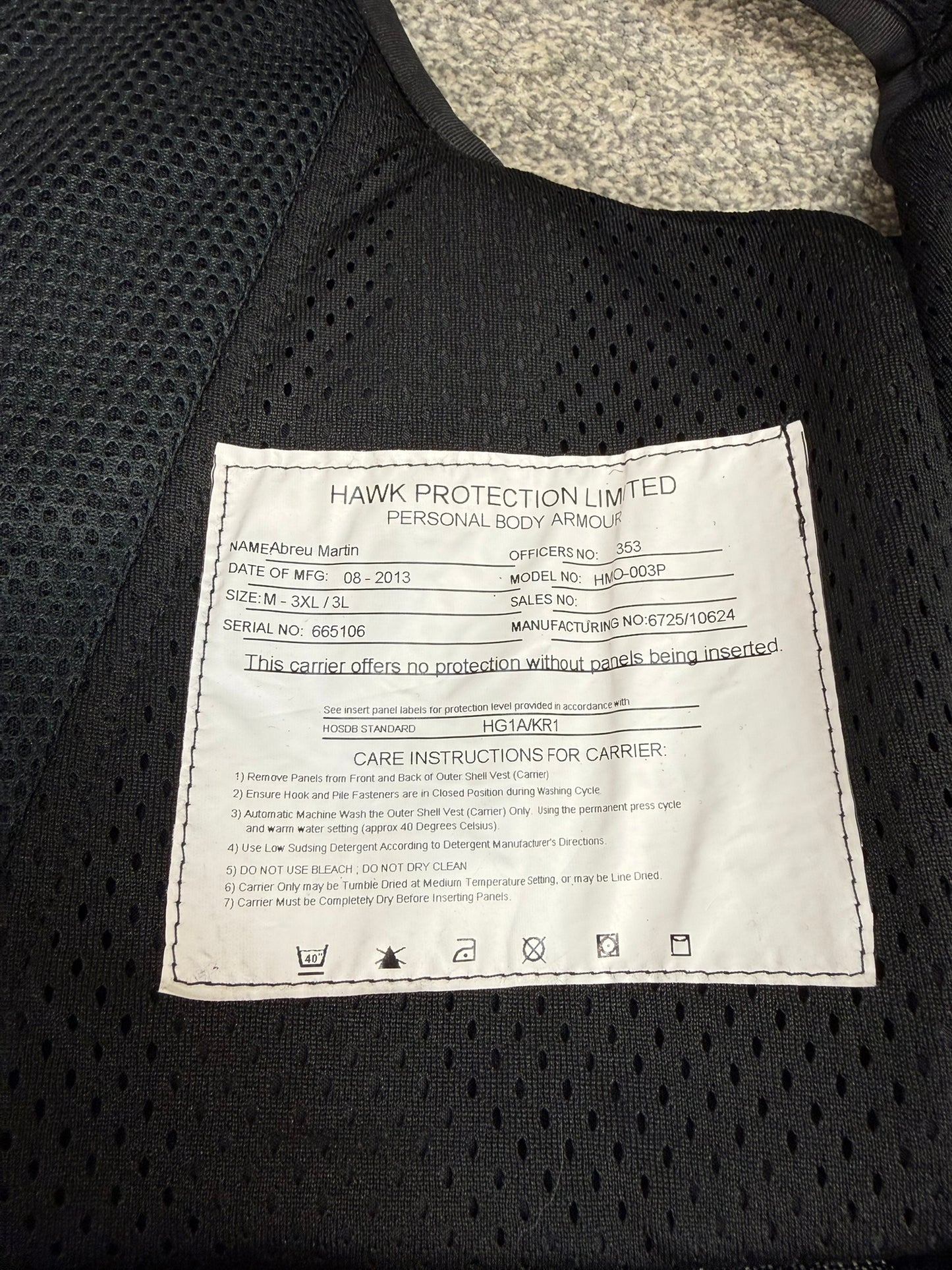 Ex Police Hawk Body Armour Vest VGC Anti Stab & Ballistic HG1A & KR1 - MEDIUM