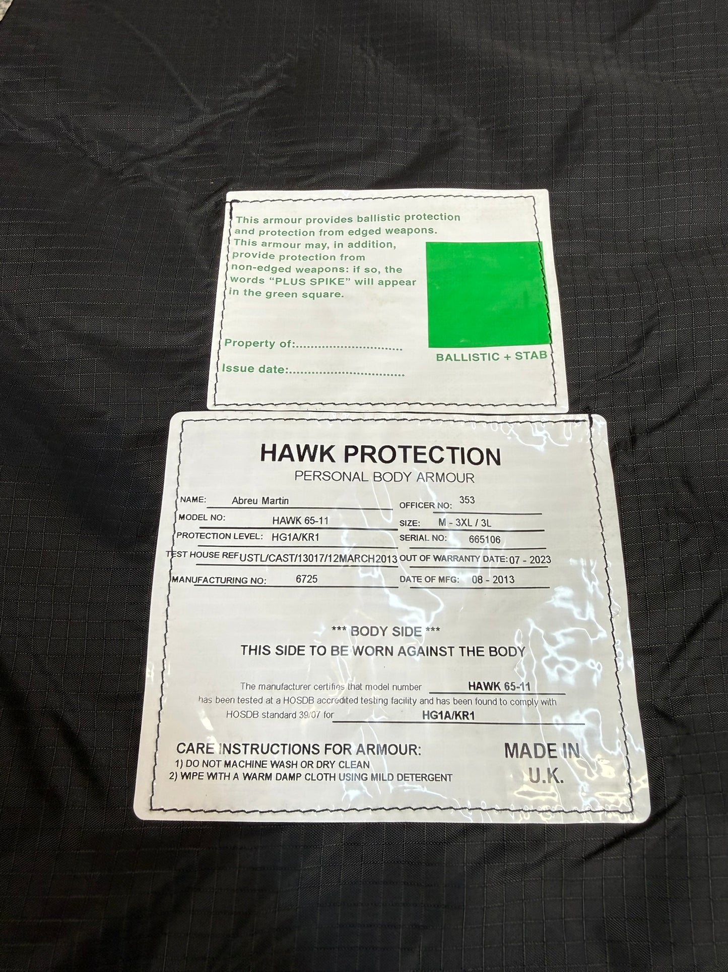 Ex Police Hawk Body Armour Vest VGC Anti Stab & Ballistic HG1A & KR1 - MEDIUM