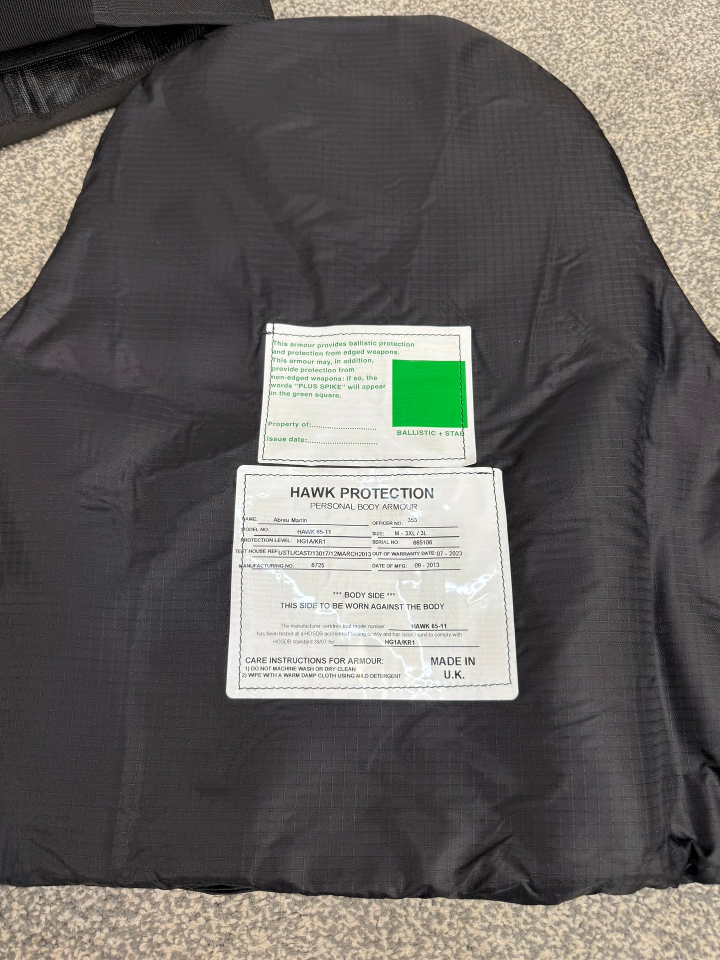 Ex Police Hawk Body Armour Vest VGC Anti Stab & Ballistic HG1A & KR1 - MEDIUM