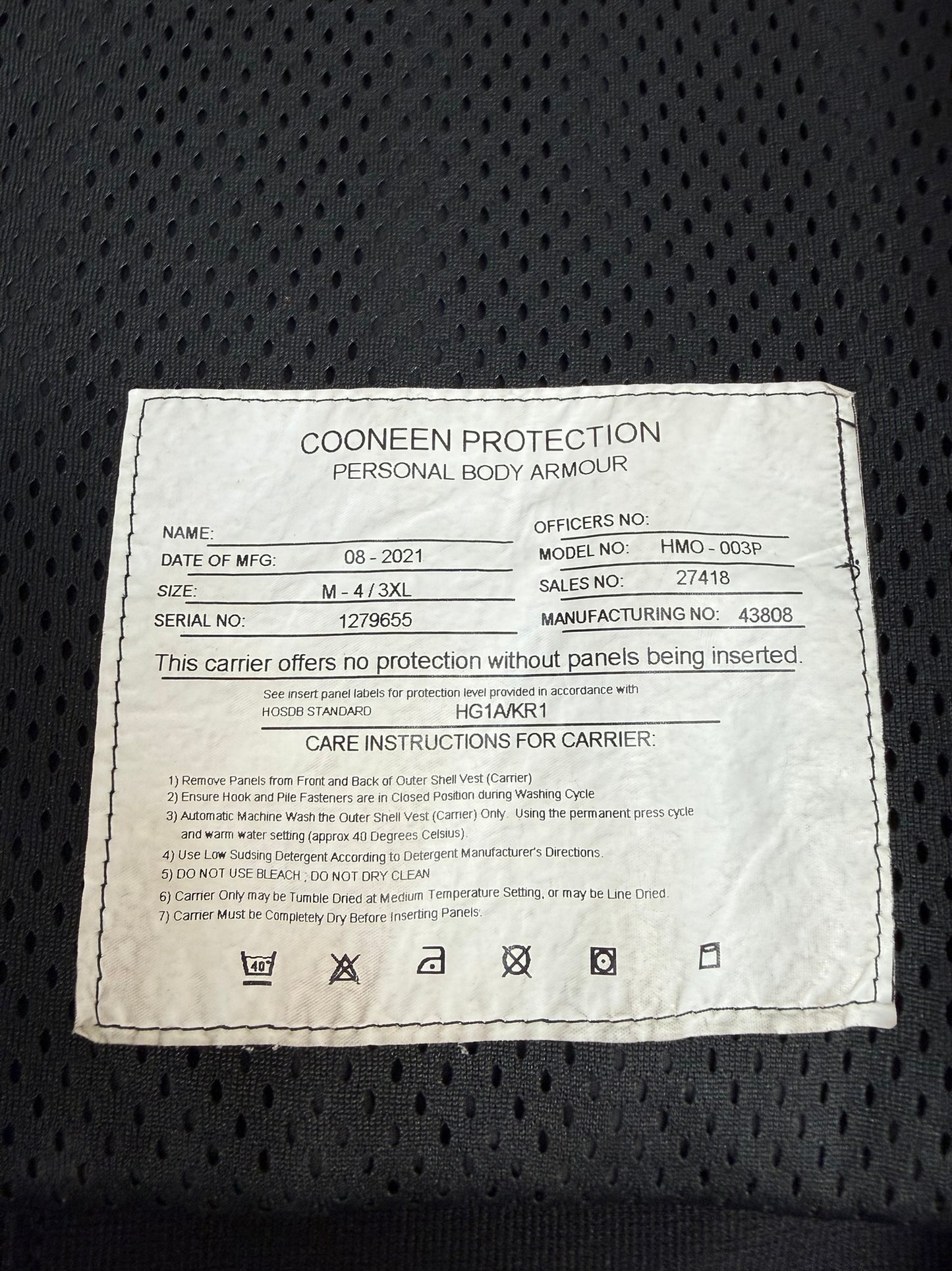 Ex Police Cooneen Body Armour Vest VGC Anti Stab & Ballistic HG1A & KR1 - LARGE