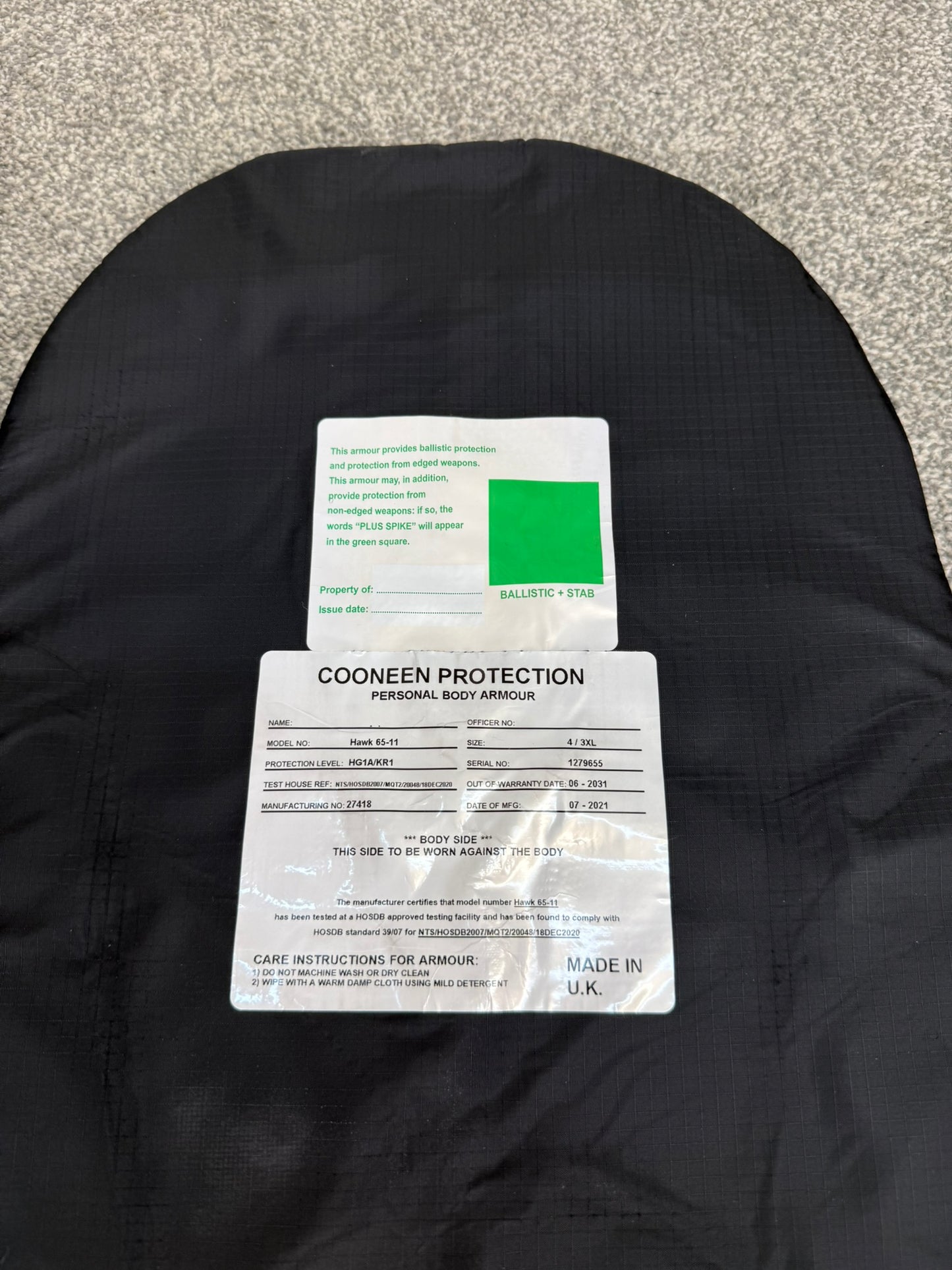 Ex Police Cooneen Body Armour Vest VGC Anti Stab & Ballistic HG1A & KR1 - LARGE