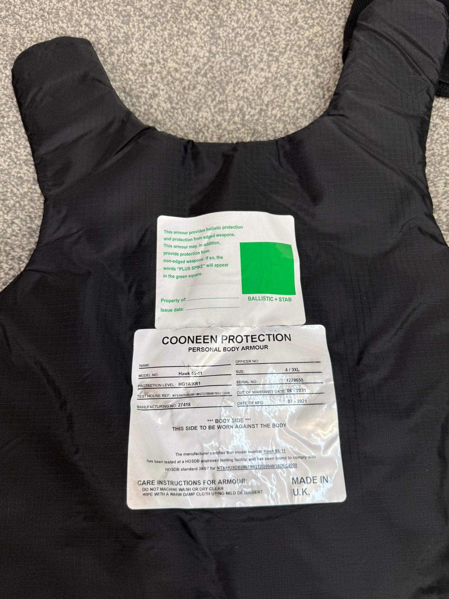 Ex Police Cooneen Body Armour Vest VGC Anti Stab & Ballistic HG1A & KR1 - LARGE