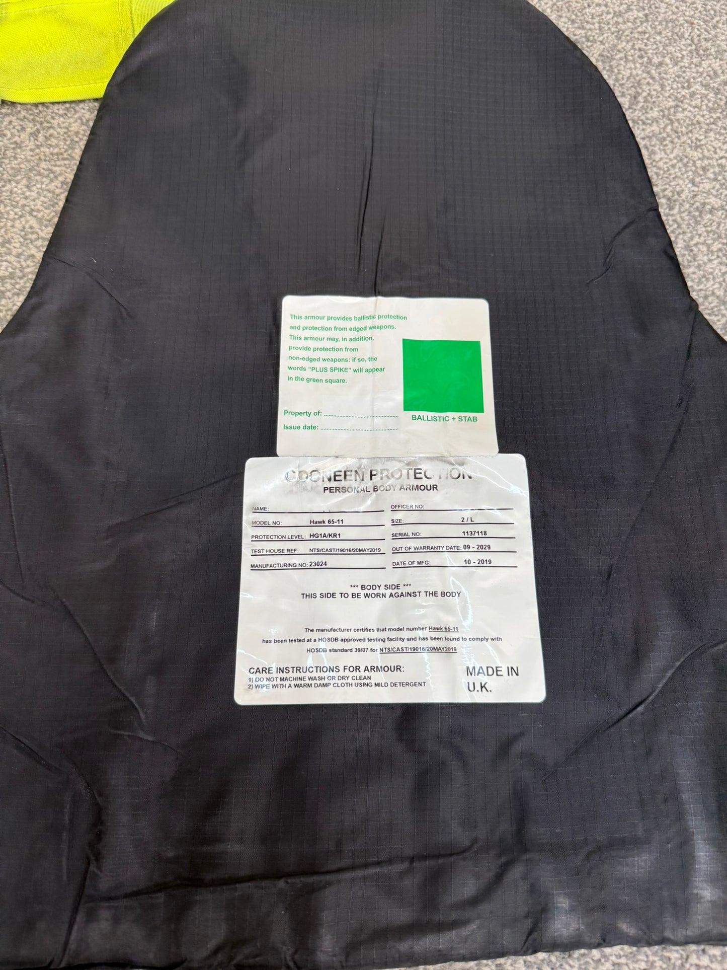 Ex Police Cooneen Body Armour Vest MEDIUM - Anti Stab & Ballistic HG1A & KR1
