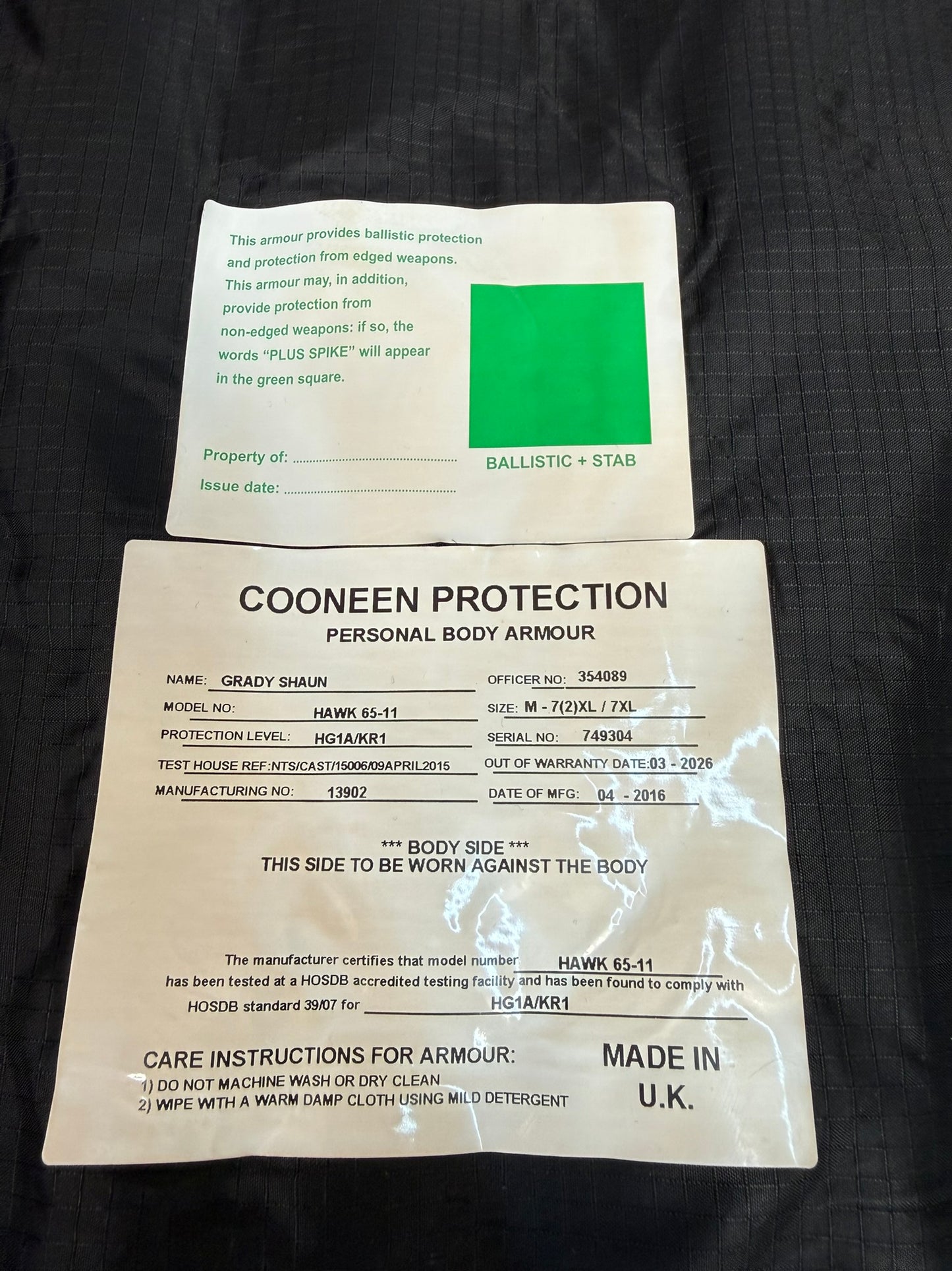Ex Police Cooneen Body Armour Vest & Bag XX LRG - VGC Anti Stab & Ballistic HG1A & KR1