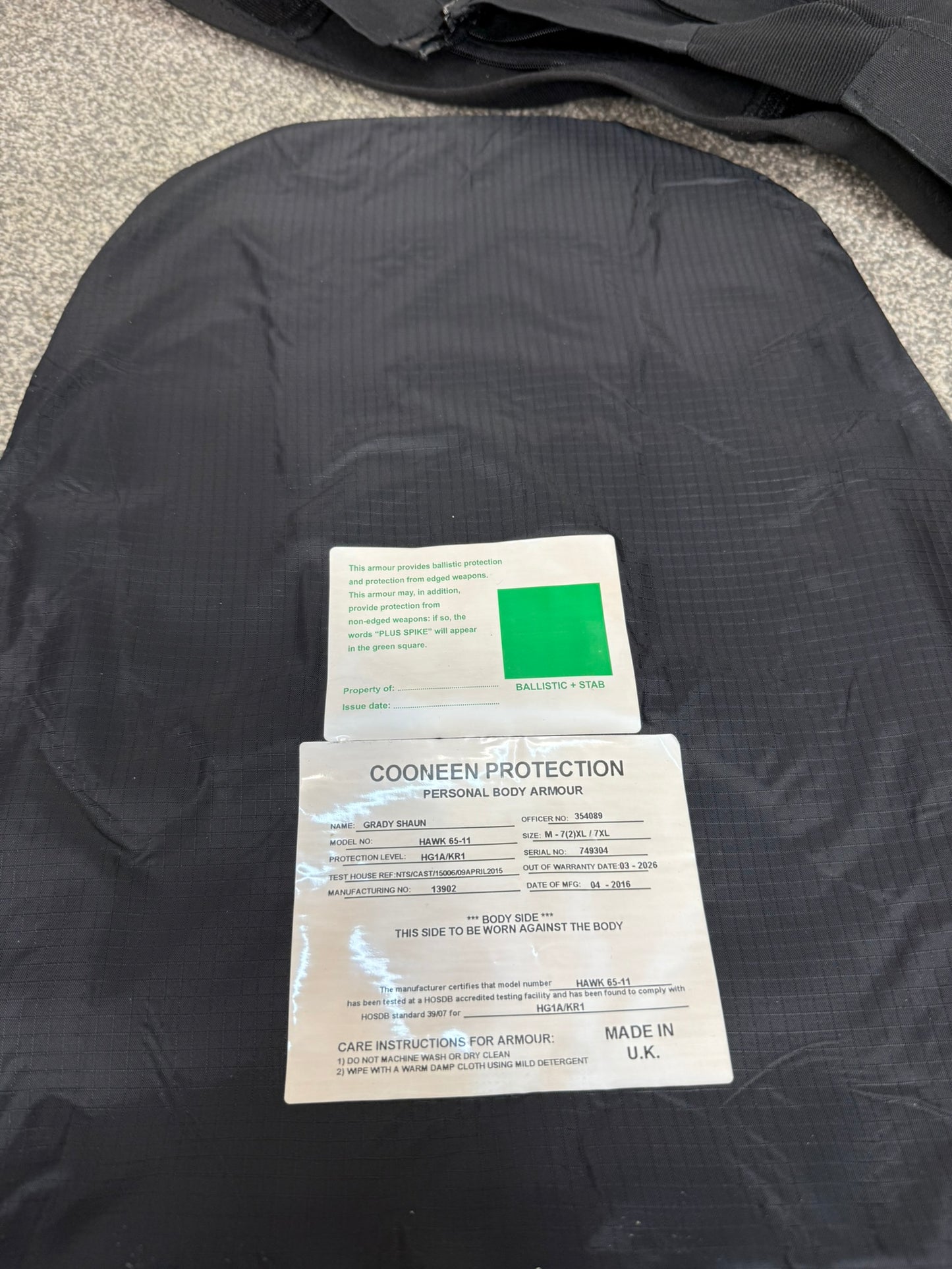 Ex Police Cooneen Body Armour Vest & Bag XX LRG - VGC Anti Stab & Ballistic HG1A & KR1