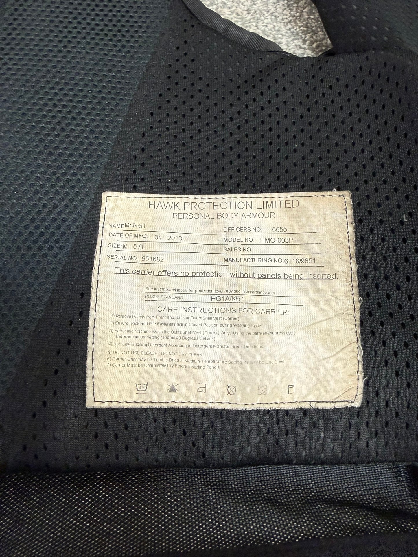 Ex Police Hawk Body Armour Vest XL Anti Stab & Ballistic HG1A & KR1 Security