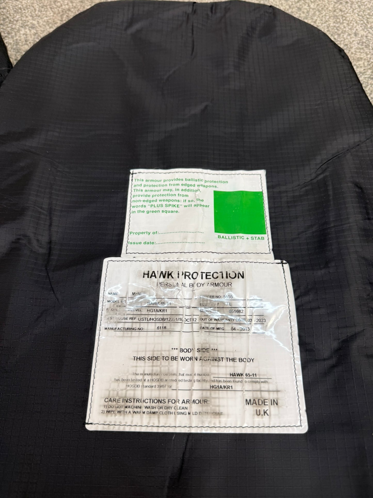 Ex Police Hawk Body Armour Vest XL Anti Stab & Ballistic HG1A & KR1 Security