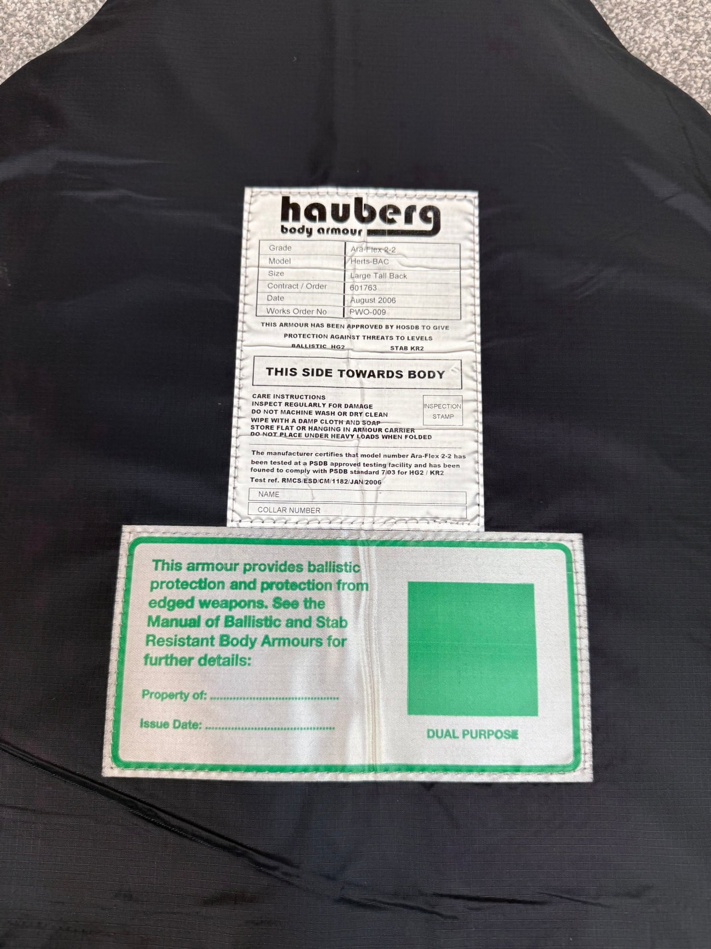 Ex Police Hauberg Body Armour Vest & Bag LRG Anti Stab Ballistic HG2 & KR2