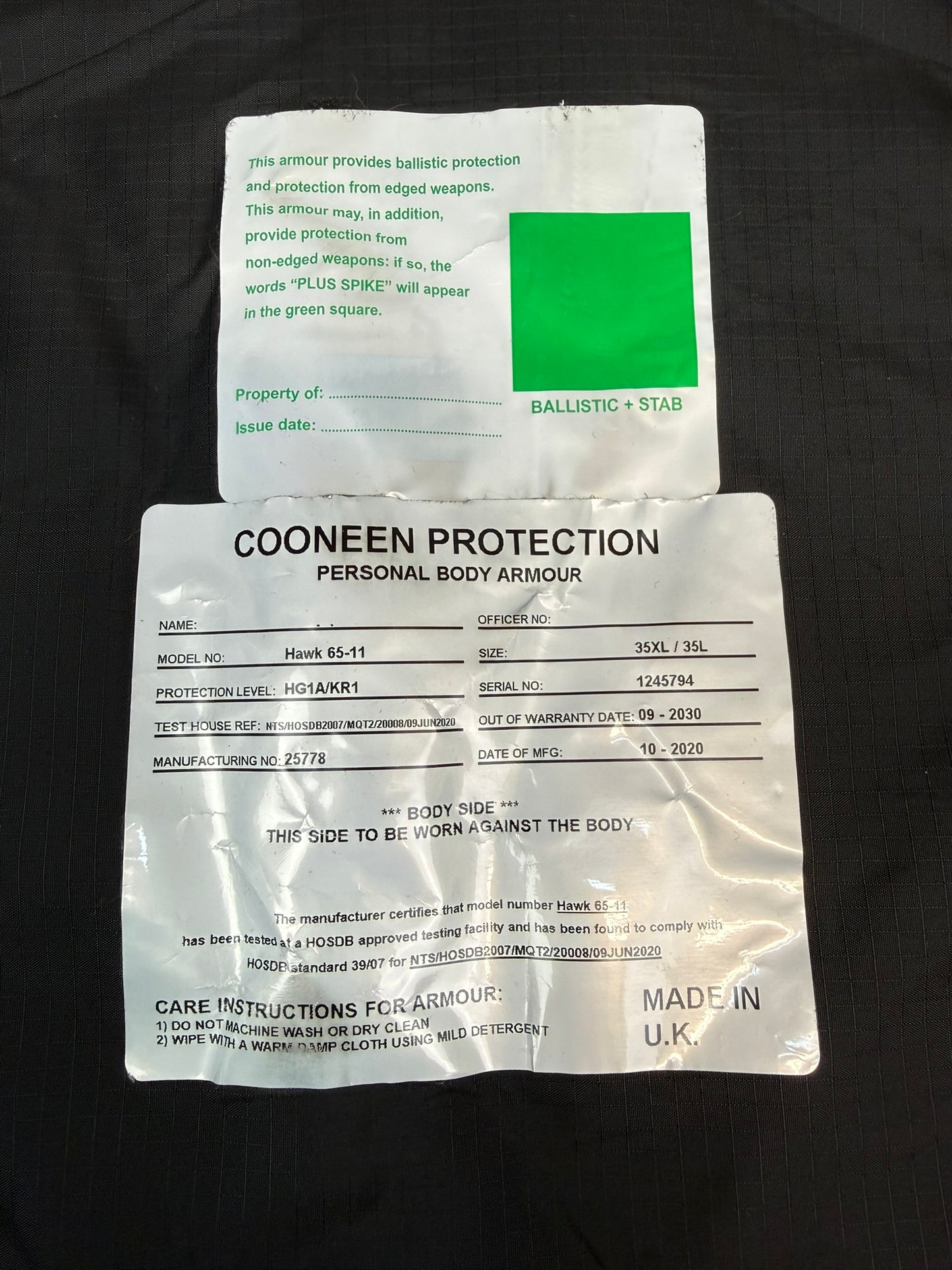 Ex Police Cooneen Body Armour Stab Vest MEDIUM Anti Stab & Ballistic HG1A & KR1 + Bag