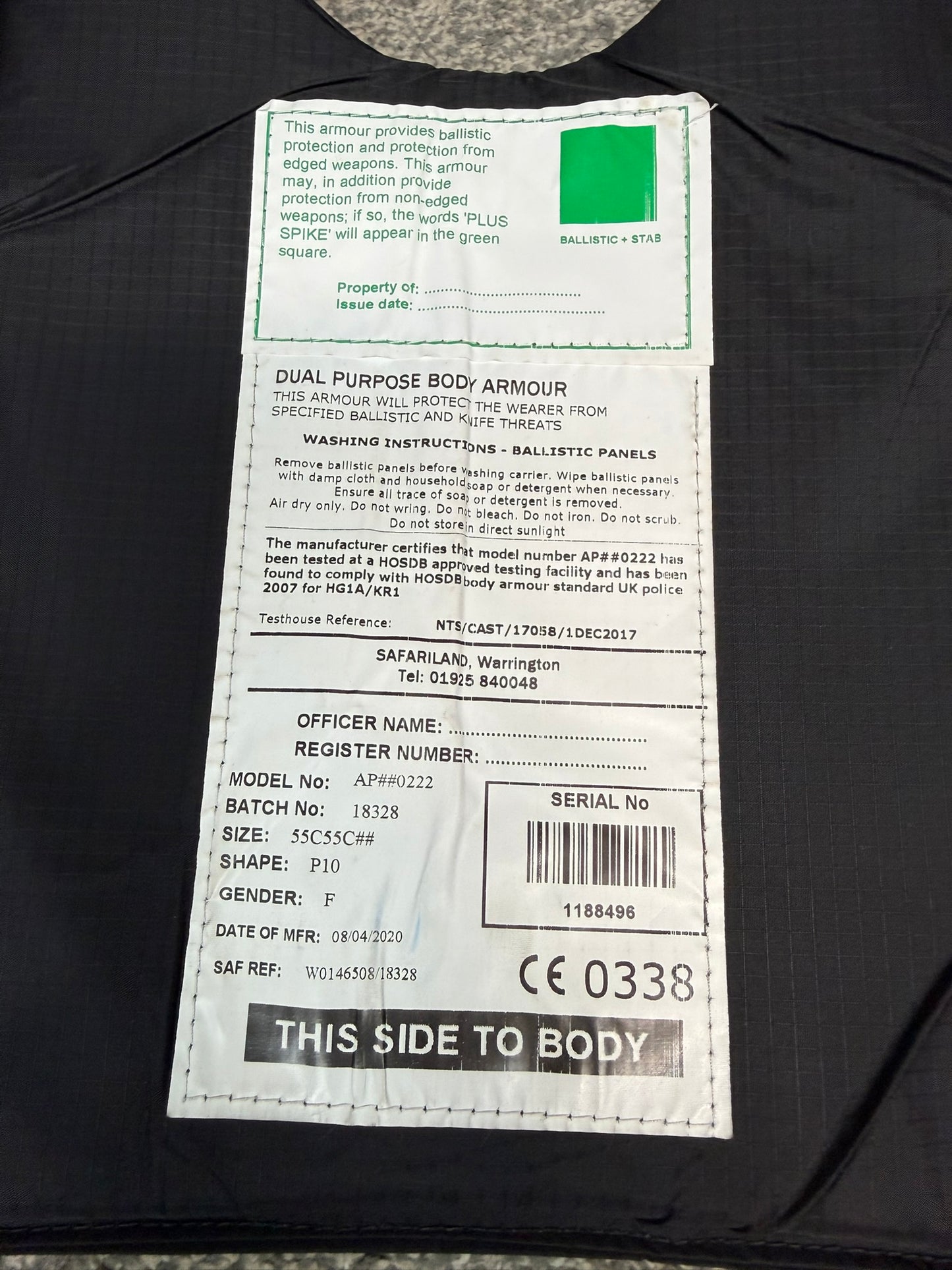 Ex Police Safariland Body Armour Stab Vest Anti Stab & Ballistic HG1A & KR1 - MEDIUM
