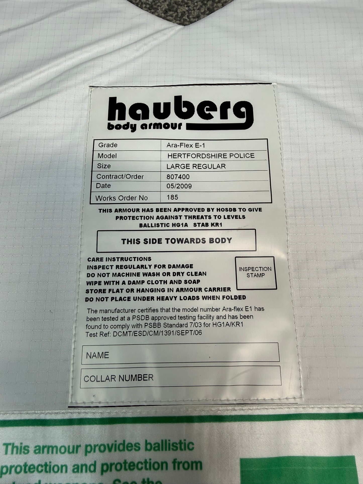 Ex Police Covert Body Armour Stab Vest LARGE Hauberg Anti Stab & Ballistic HG1A & KR1 + Bag