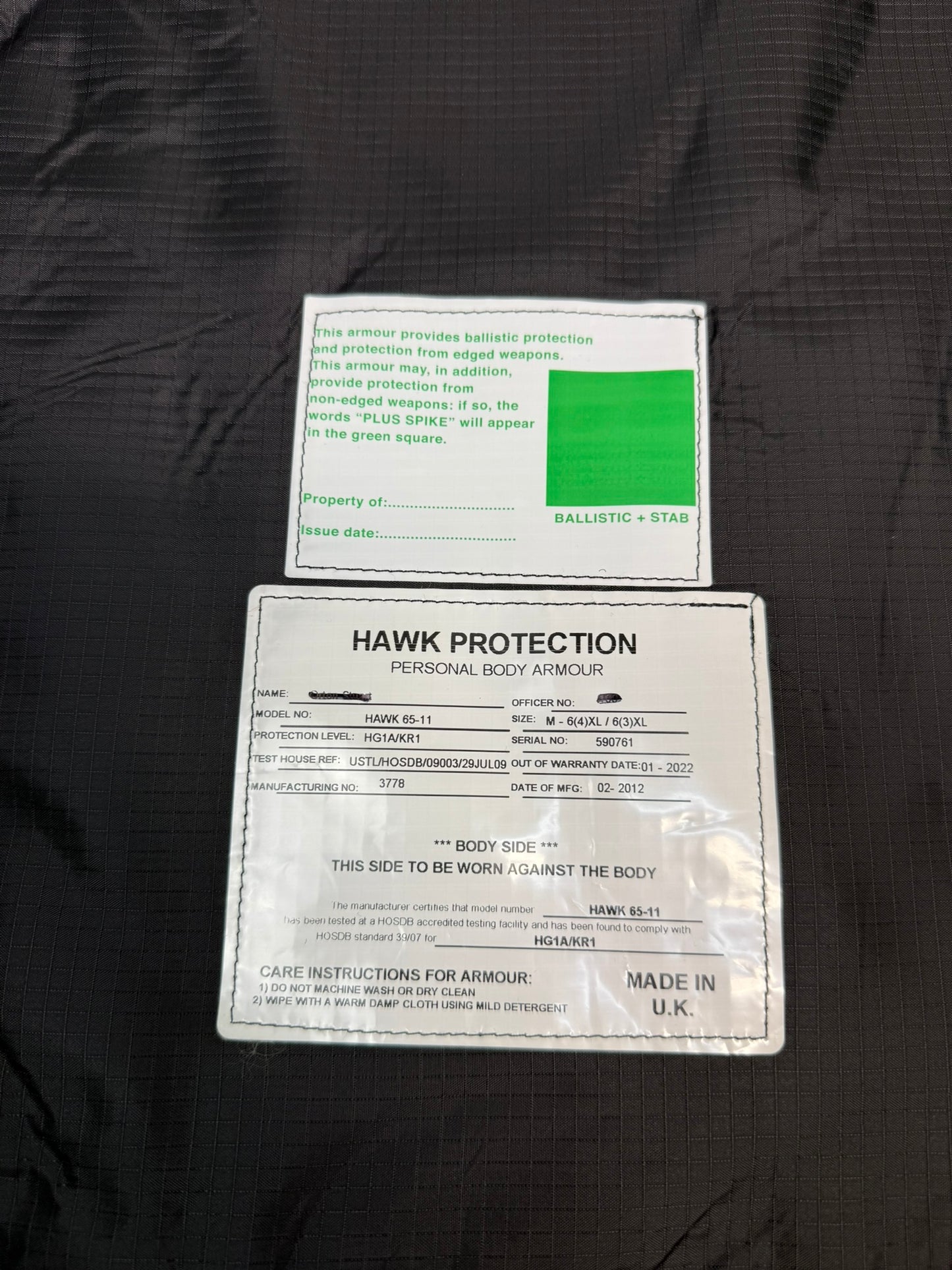 Ex Police Hawk Body Armour Stab Vest + Bag X LARGE Anti Stab & Ballistic HG1A & KR1 Security Patrol
