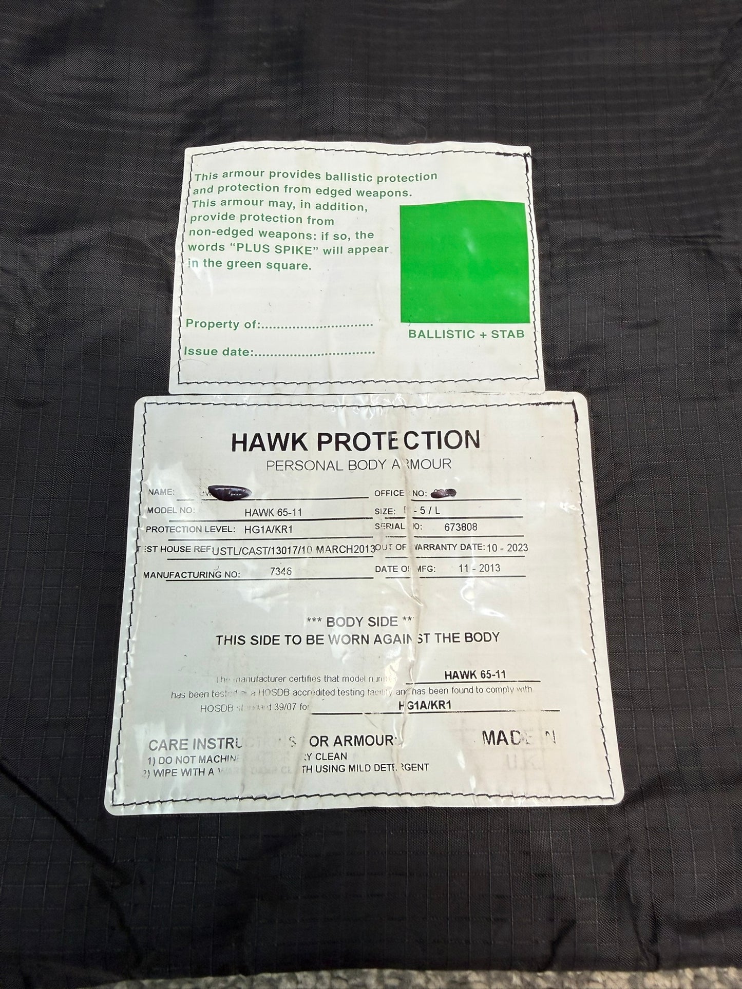 Ex Police Hawk Body Armour Stab Vest X LARGE Anti Stab & Ballistic HG1A & KR1 Security Patrol