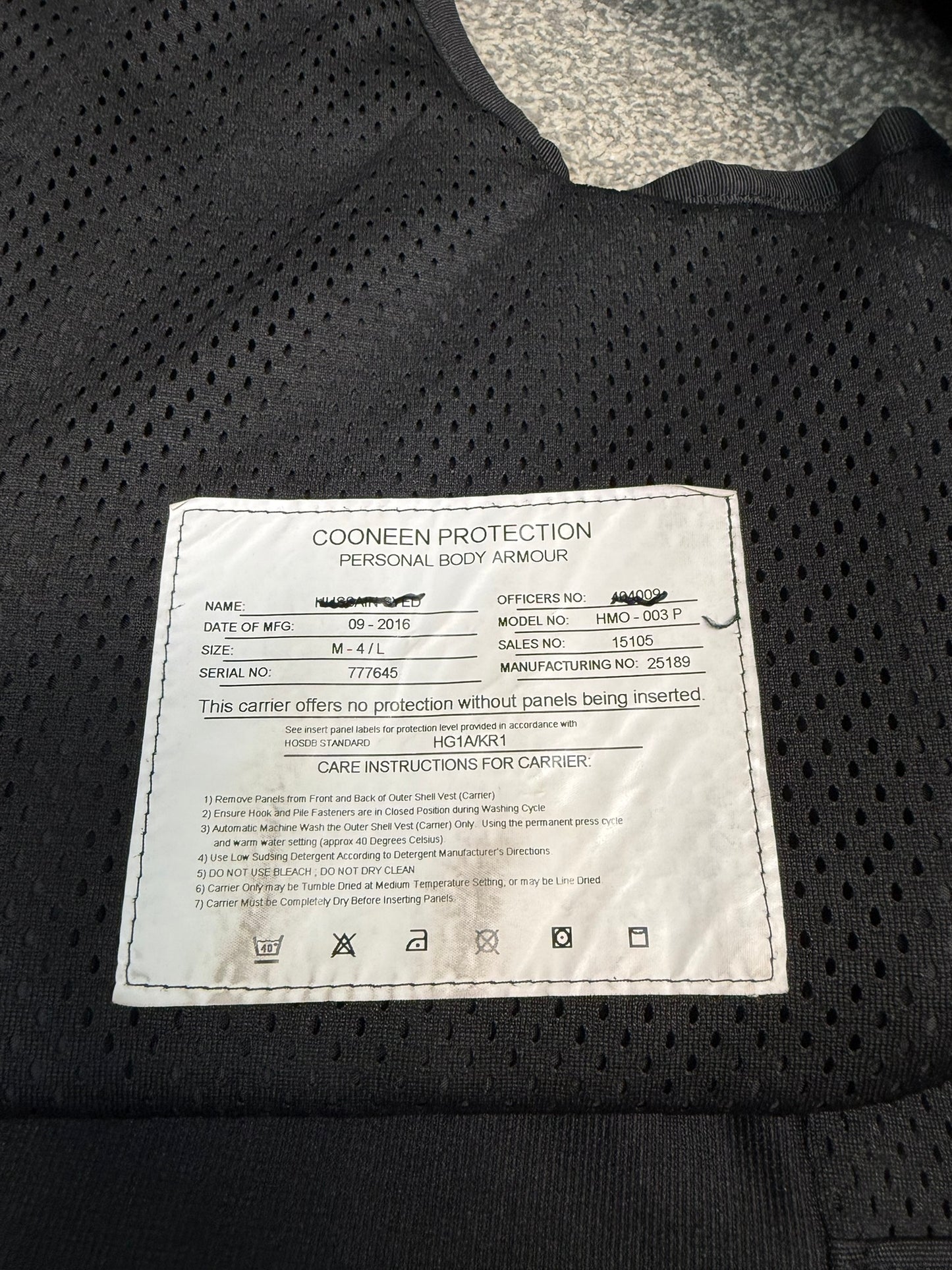 Ex Police Cooneen Body Armour Stab Vest + Bag LARGE Anti Stab & Ballistic HG1A & KR1