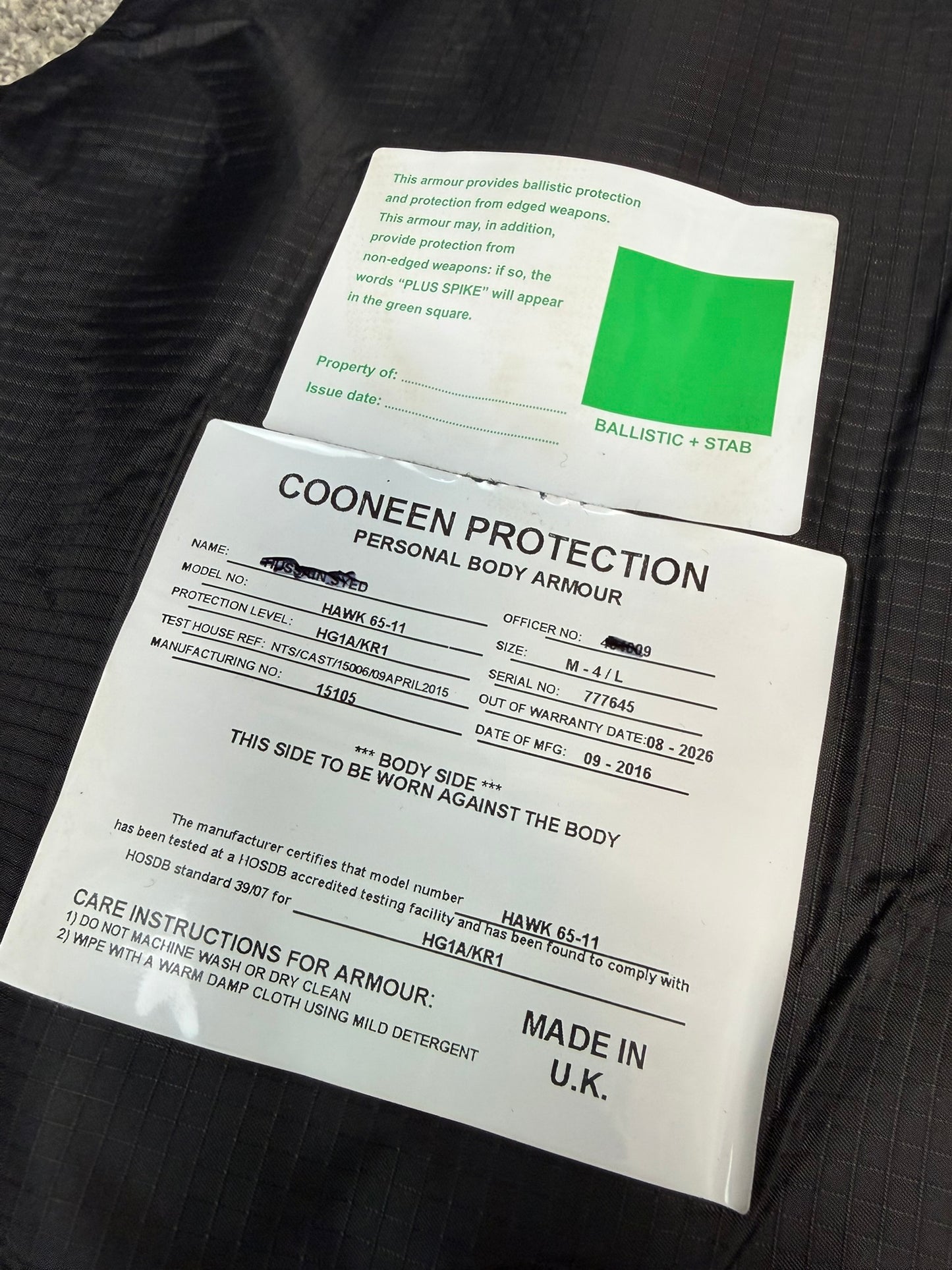 Ex Police Cooneen Body Armour Stab Vest + Bag LARGE Anti Stab & Ballistic HG1A & KR1