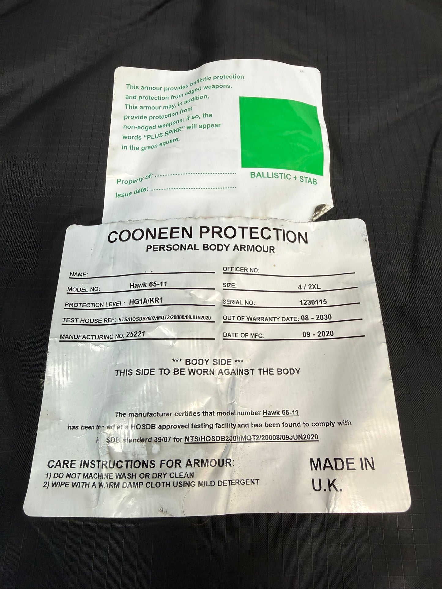 Ex Police Cooneen Body Armour Stab Vest + Bag LARGE Anti Stab & Ballistic HG1A & KR1