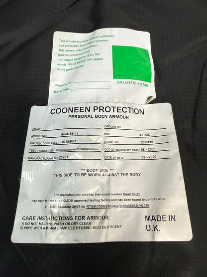 Ex Police Cooneen Body Armour Stab Vest + Bag LARGE Anti Stab & Ballistic HG1A & KR1