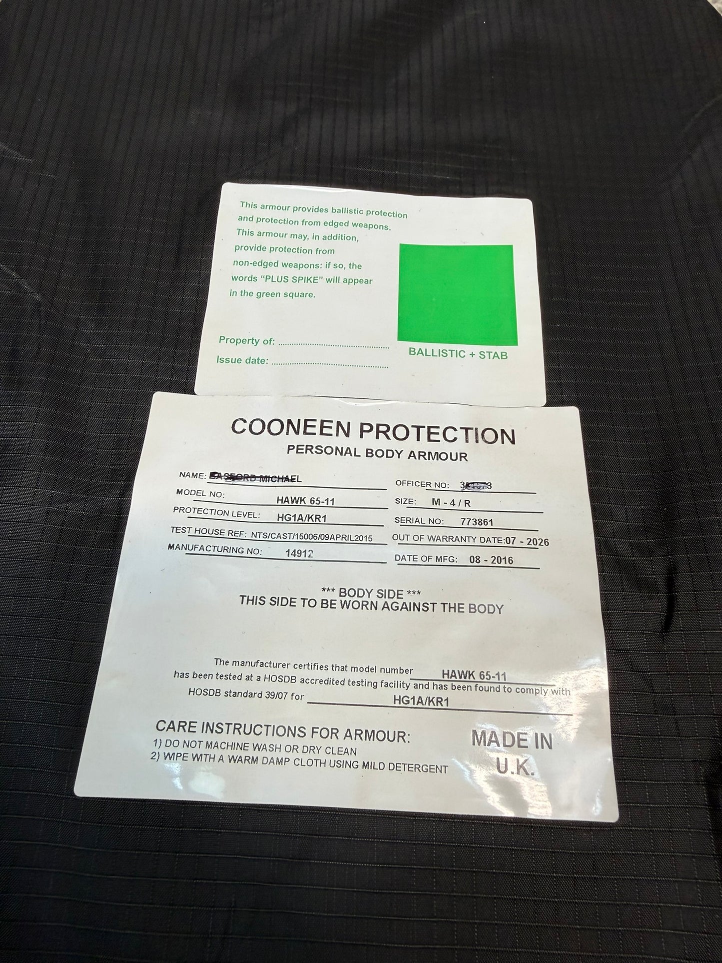 Ex Police Cooneen Body Armour Stab Vest + Bag LARGE Anti Stab & Ballistic HG1A & KR1