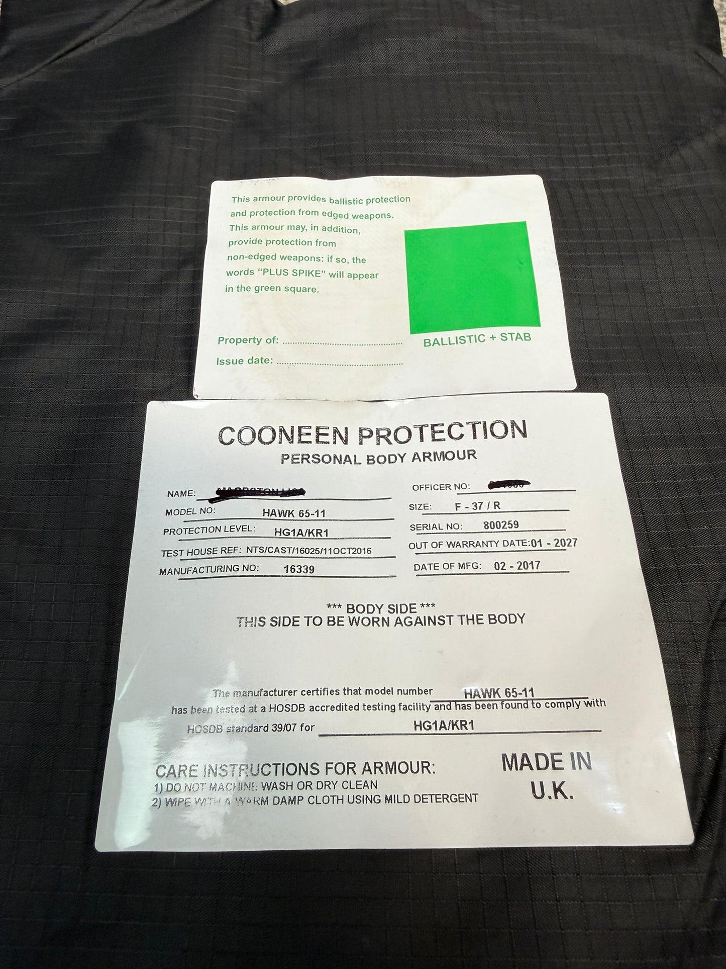 Ex Police Cooneen Body Armour Stab Vest LARGE Anti Stab & Ballistic HG1A & KR1