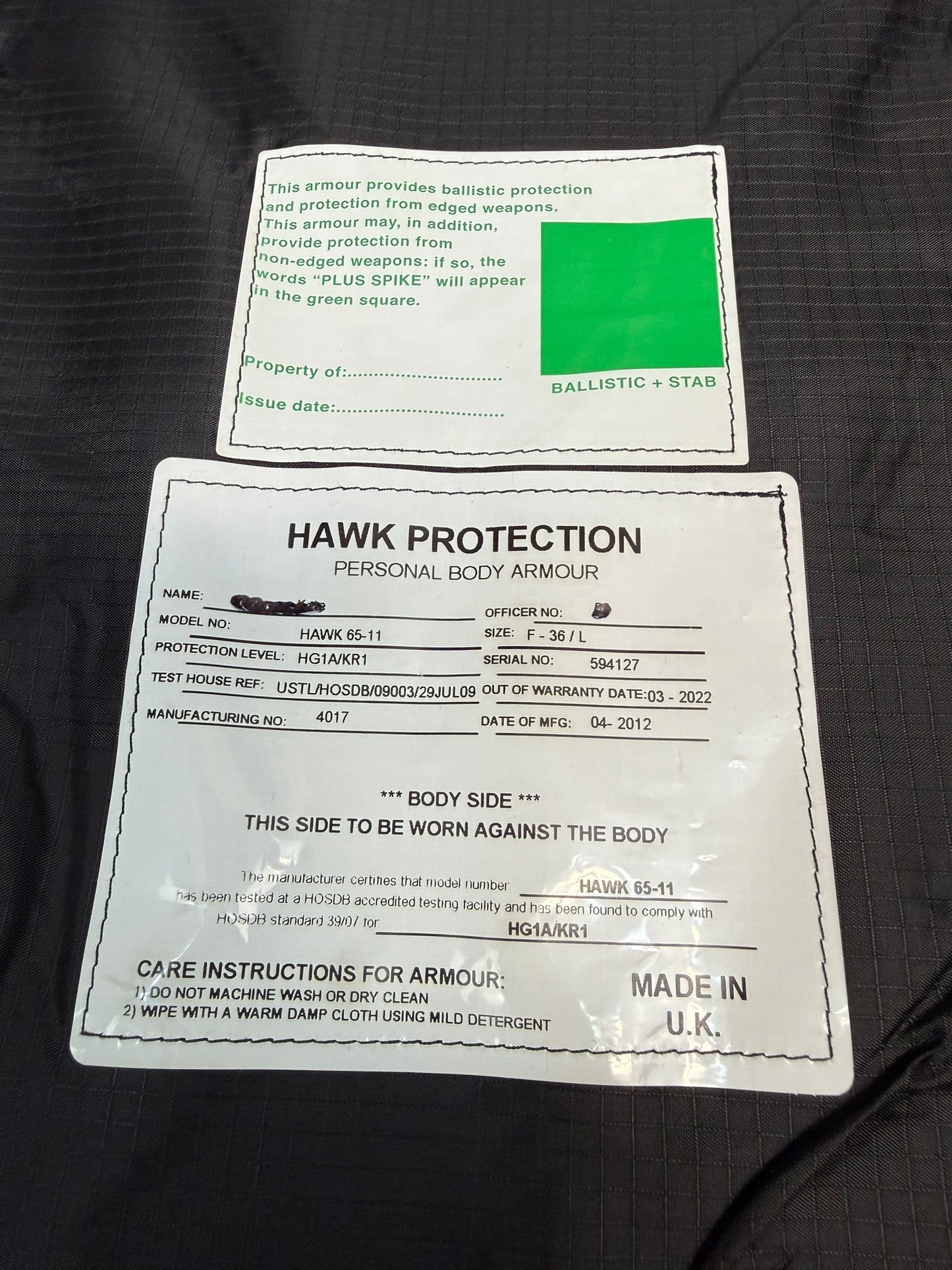 Ex Police Hawk Body Armour Stab Vest MEDIUM Anti Stab & Ballistic HG1A & KR1