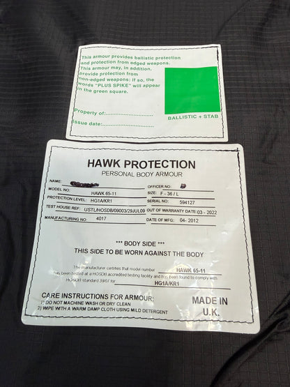 Ex Police Hawk Body Armour Stab Vest MEDIUM Anti Stab & Ballistic HG1A & KR1