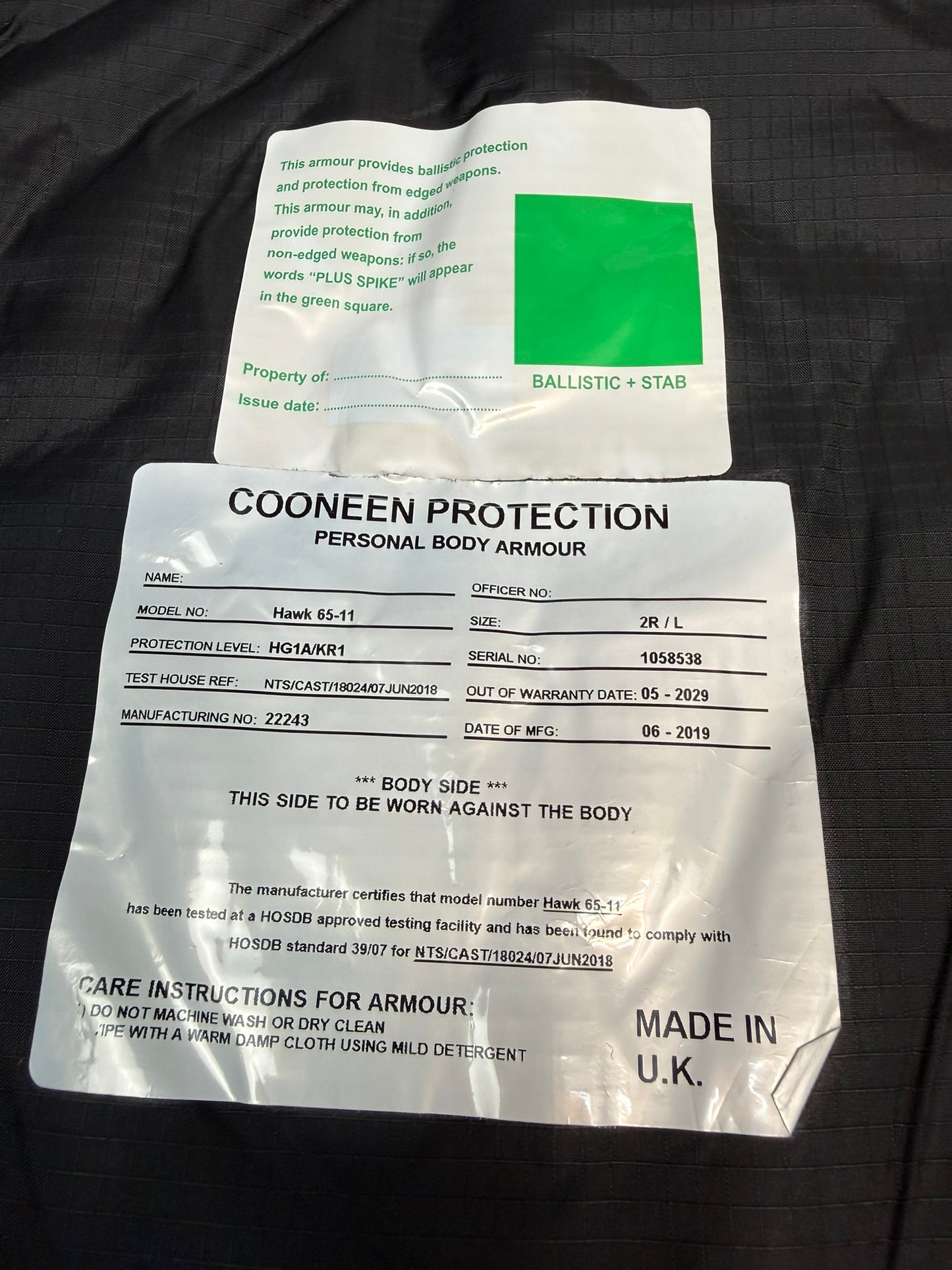 Ex Police Cooneen Body Armour Stab Vest + Bag MEDIUM Anti Stab & Ballistic HG1A & KR1