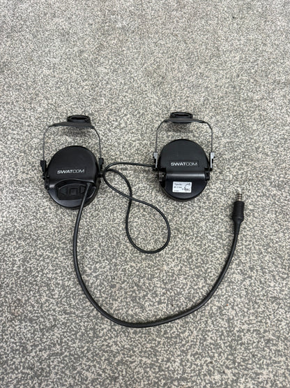 SwatCom Waterproof Headset Ear Defenders Ex Police Helmet Mounted WORKING