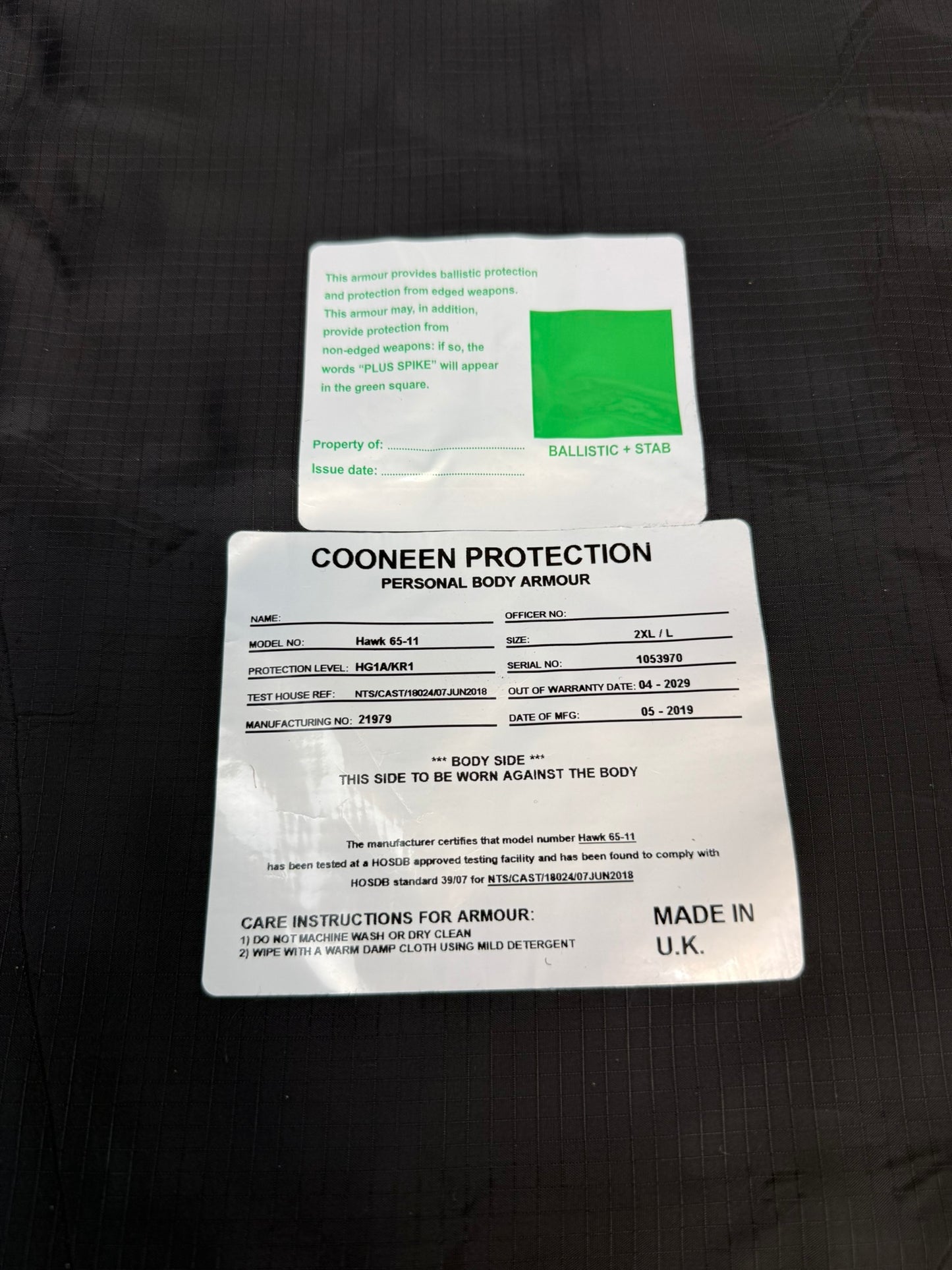 Ex Police Cooneen Body Armour Stab Vest + Bag MEDIUM Anti Stab & Ballistic HG1A & KR1