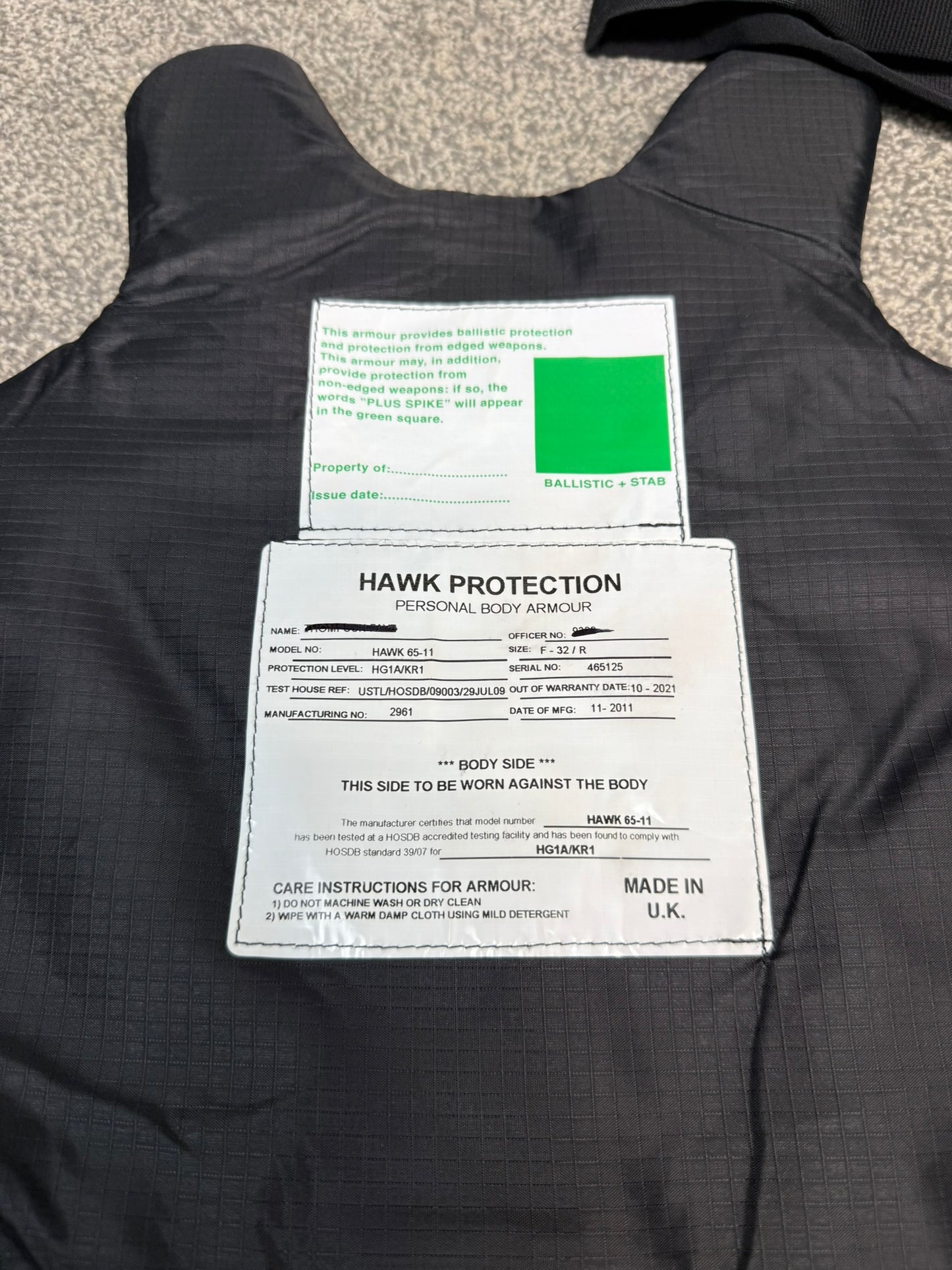 Ex Police Hawk Body Armour Stab Vest SMALL Anti Stab & Ballistic HG1A & KR1