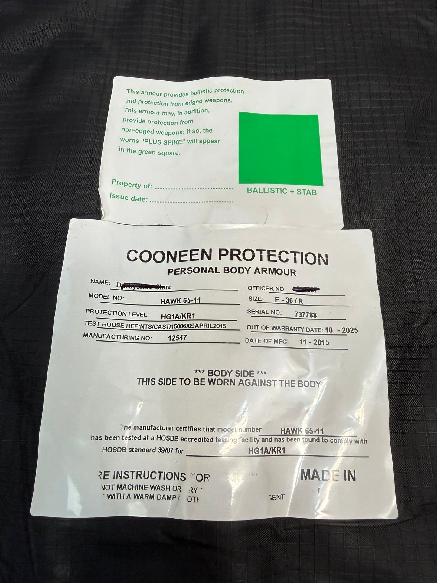 Ex Police Cooneen Body Armour Stab Vest MEDIUM Anti Stab & Ballistic HG1A & KR1