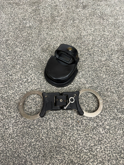 Ex Police Folding Hiatt Handcuffs Hinged Cuffs PSNI Pouch & Key Security Collectible