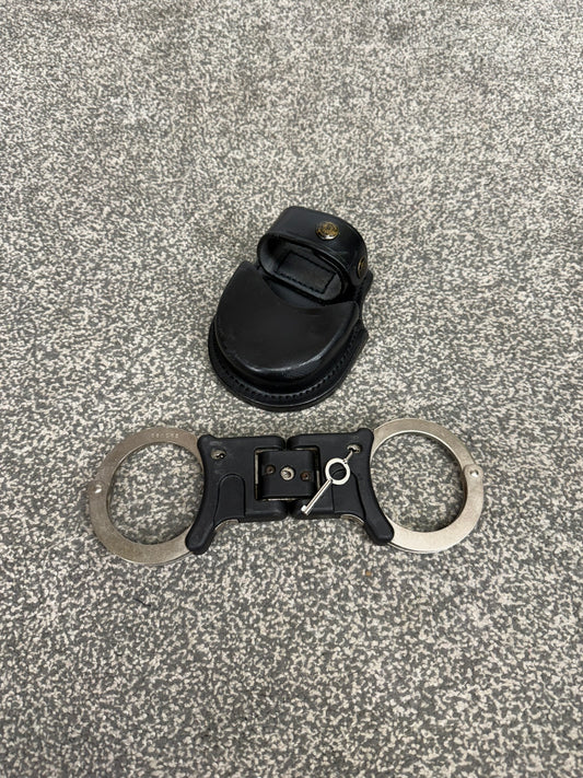 Ex Police Folding Hiatt Handcuffs Hinged Cuffs PSNI Pouch & Key Security Collectible