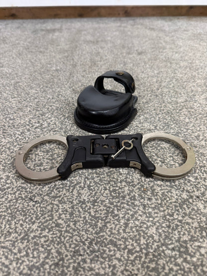 Ex Police Folding Hiatt Handcuffs Hinged Cuffs PSNI Pouch & Key Security Collectible