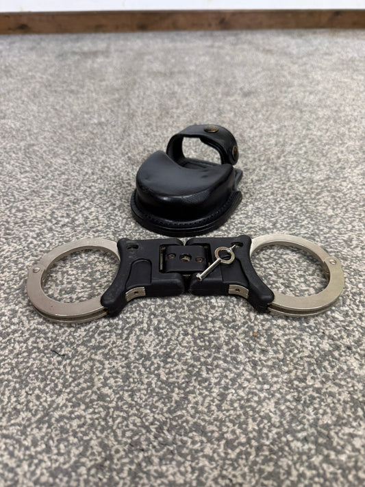Ex Police Folding Hiatt Handcuffs Hinged Cuffs PSNI Pouch & Key Security Collectible
