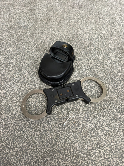 Ex Police Folding Hiatt Handcuffs Hinged Cuffs PSNI Pouch & Key Security Collectible