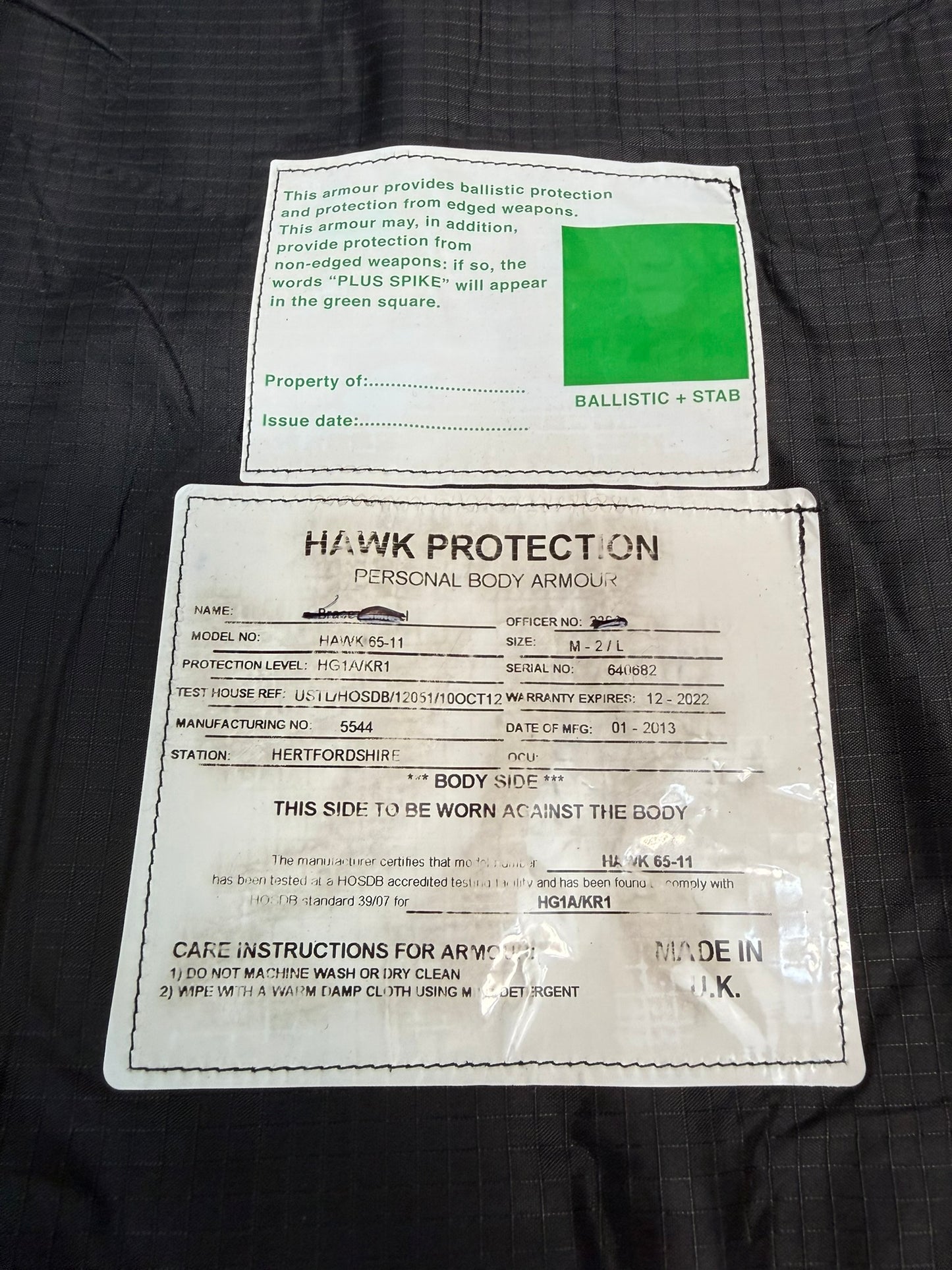 Ex Police Cooneen Body Armour Stab Vest MEDIUM Anti Stab & Ballistic HG1A & KR1