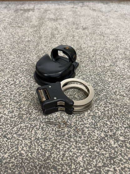 Ex Police Folding Hiatt Handcuffs Hinged Cuffs PSNI Pouch & Key Security Collectible