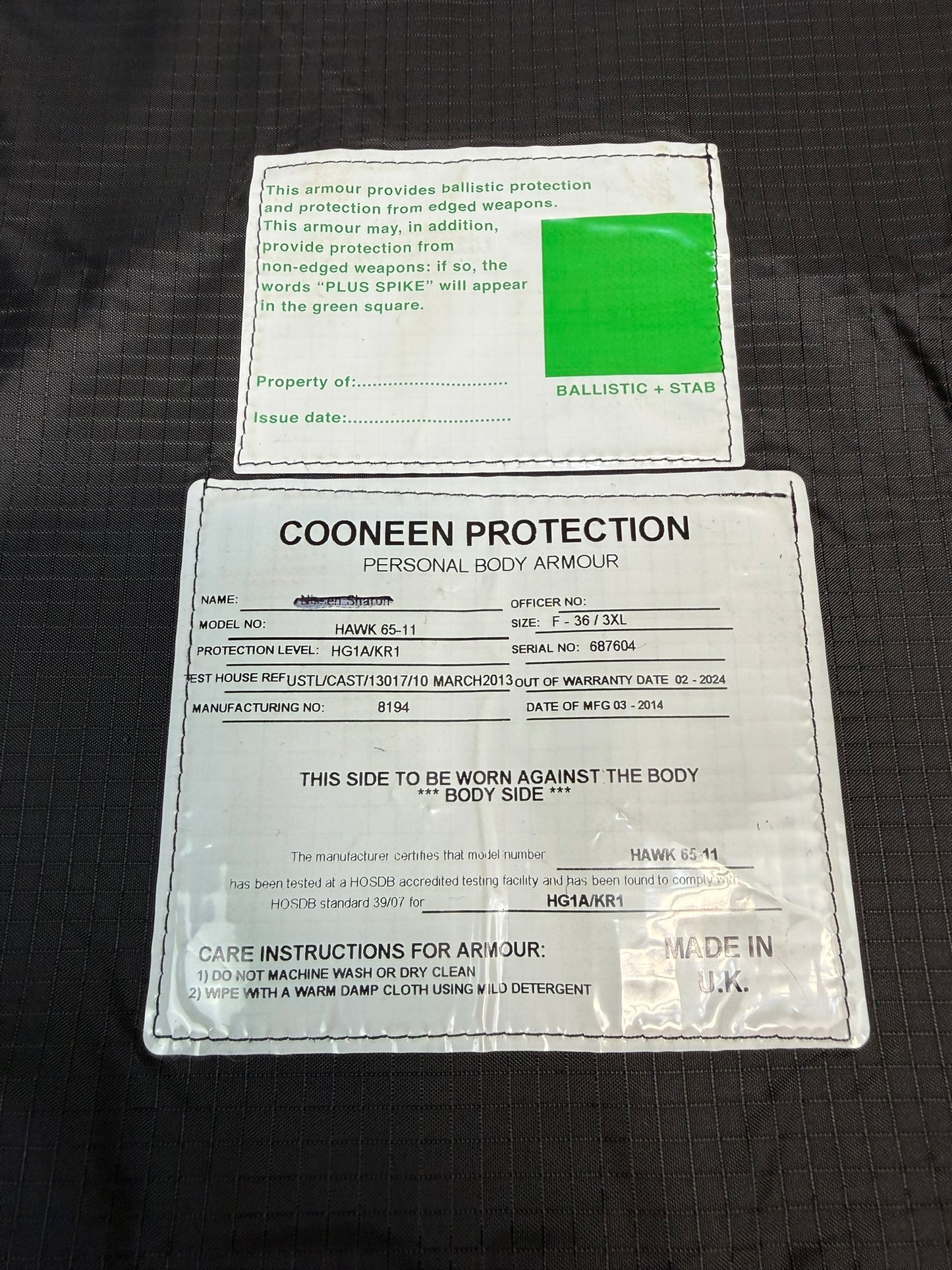 Ex Police Cooneen Body Armour Stab Vest + Bag MEDIUM Anti Stab & Ballistic HG1A & KR1