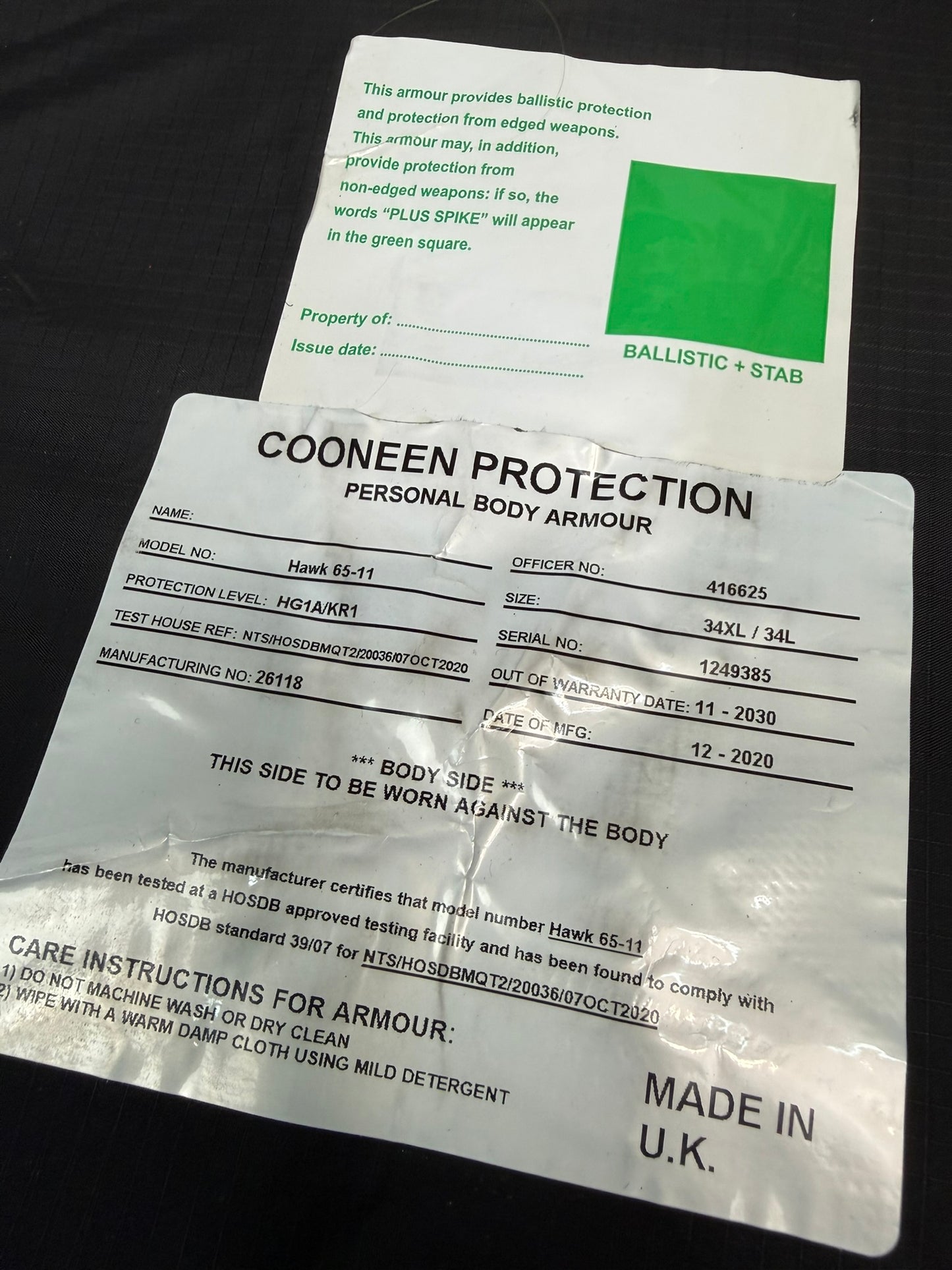 Ex Police Cooneen Hi Vis Body Armour Stab Vest MEDIUM - Anti Stab & Ballistic HG1A & KR1