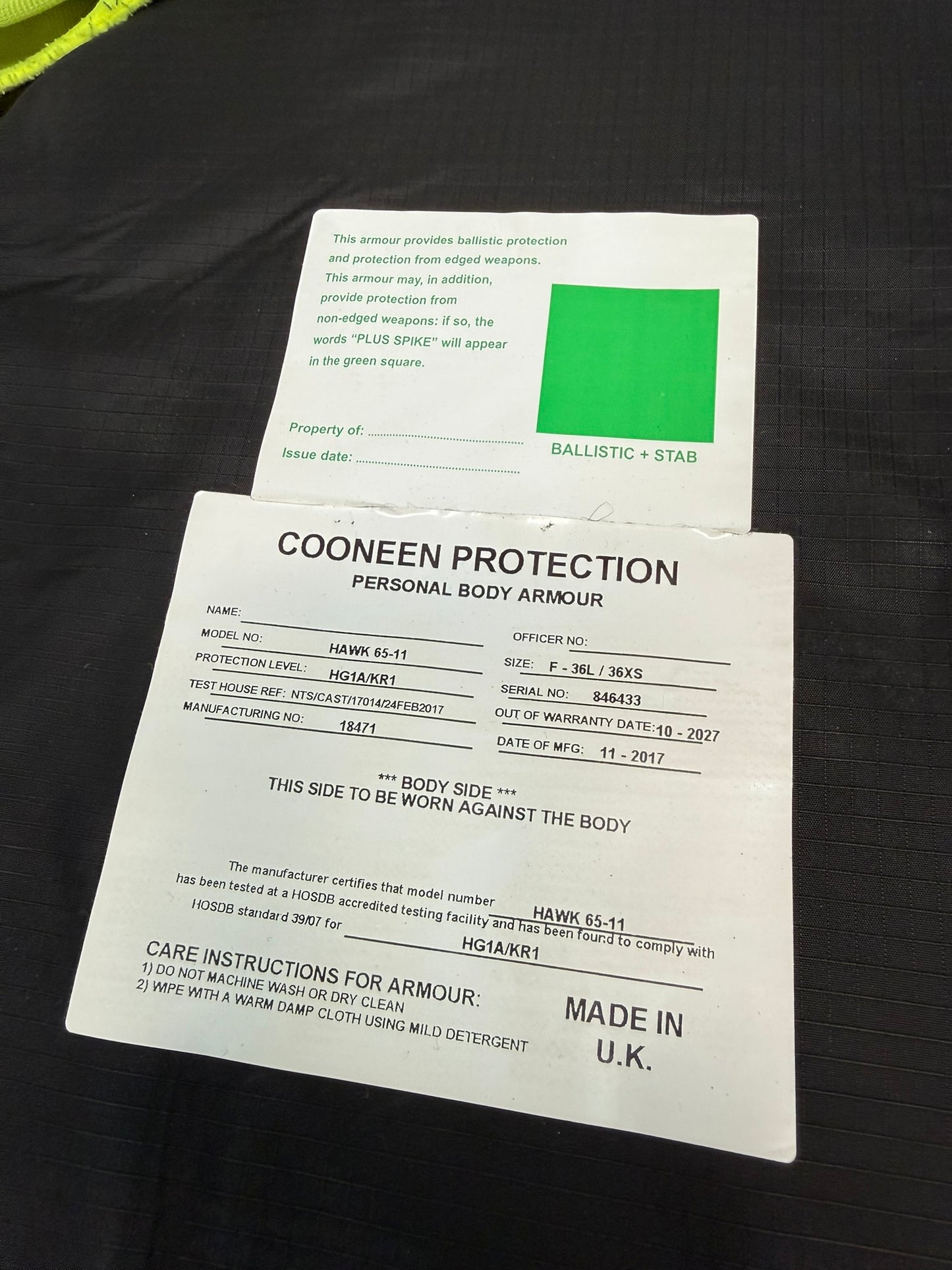 Ex Police Cooneen Hi Vis Body Armour Stab Vest LARGE - Anti Stab & Ballistic HG1A & KR1