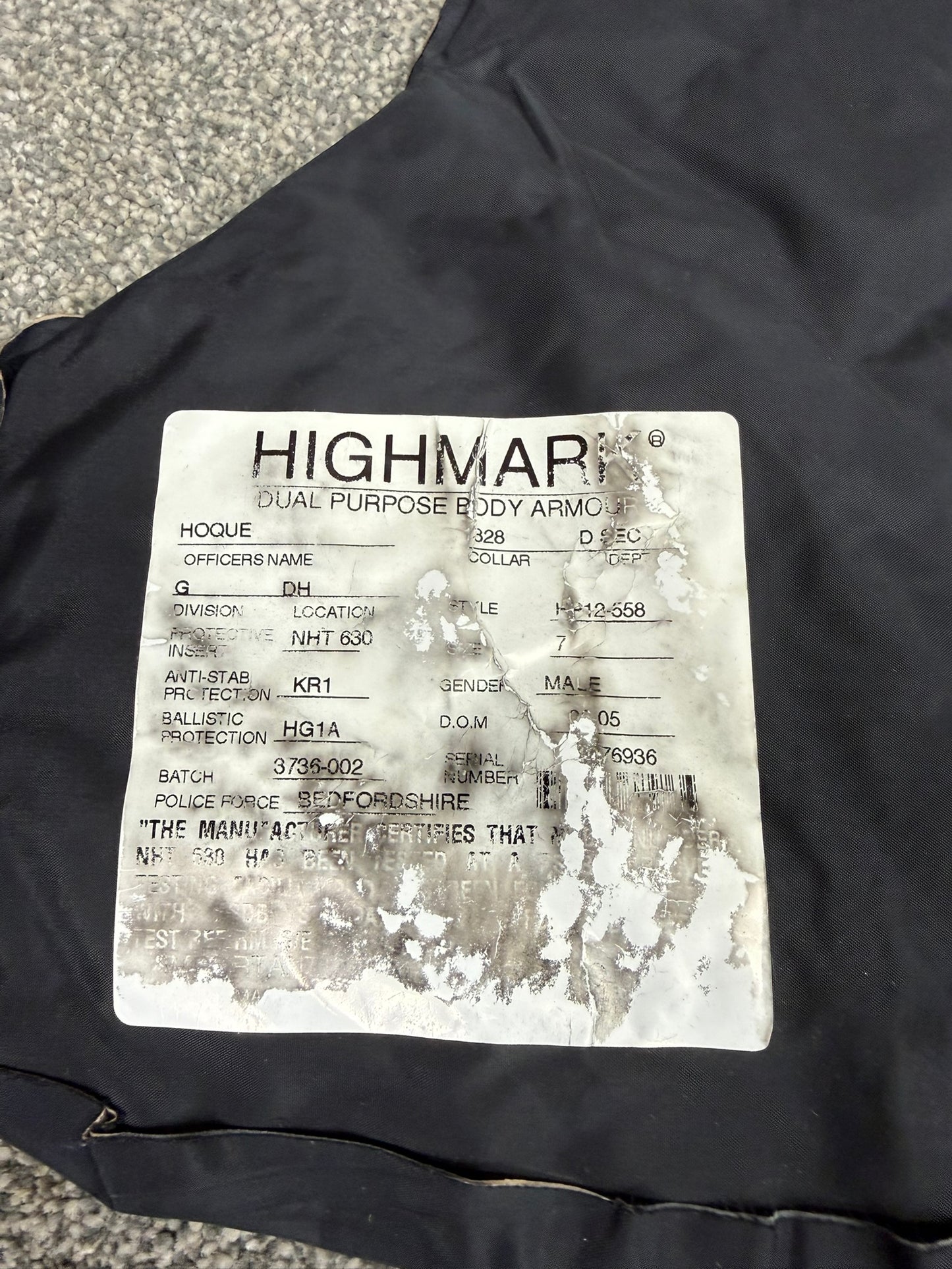 Ex Police Highmark Body Armour Vest Anti Stab & Ballistic HG1A & KR1 Large Security Film