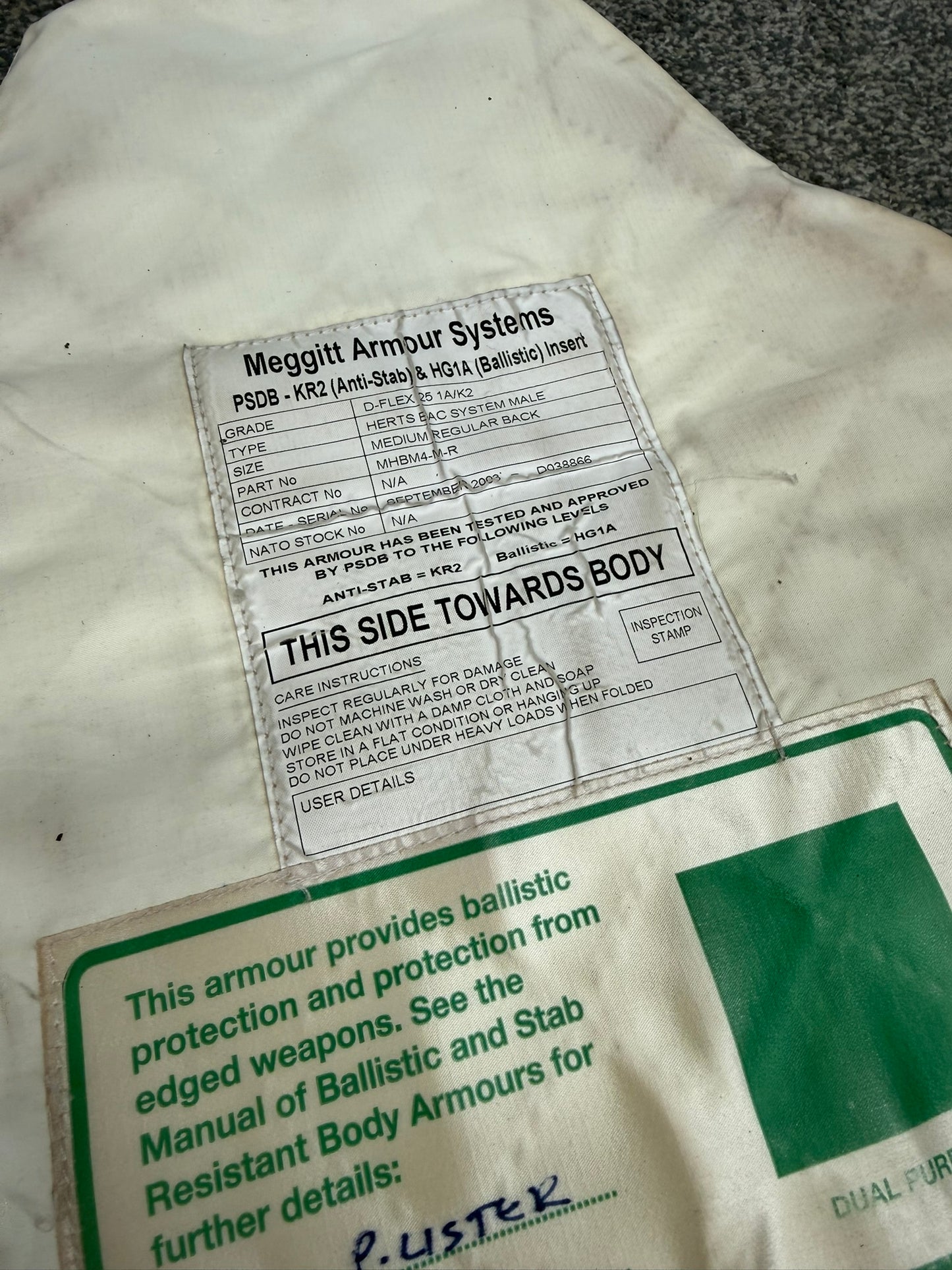 Ex Police Meggitt Yaffy Body Armour Vest Anti Stab & Ballistic HG1A & KR2 Medium Security